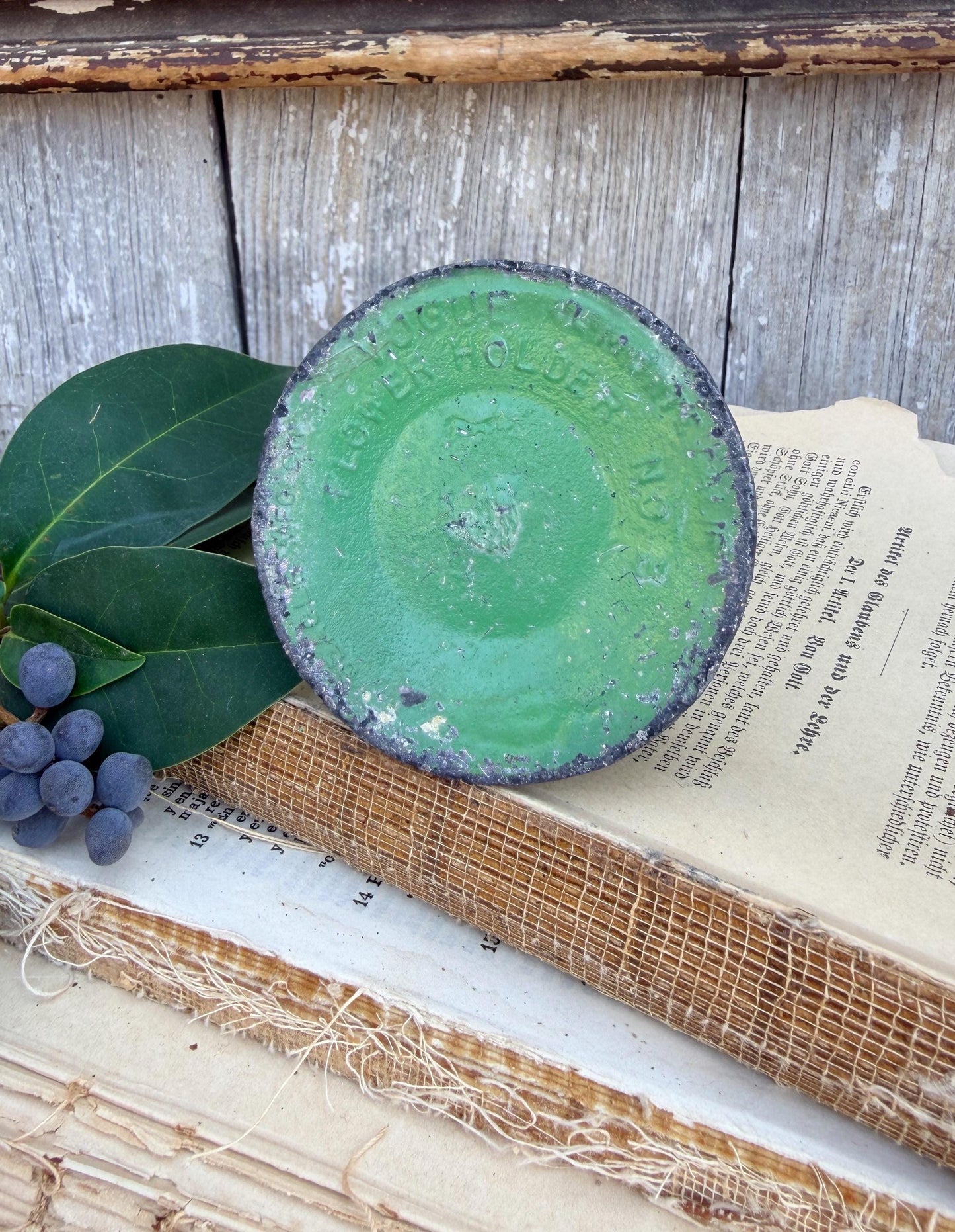 Vintage VOGUE GREEN Metal Floral Frog Flower Holder Farmhouse Decor Garden Decor Photo Spike