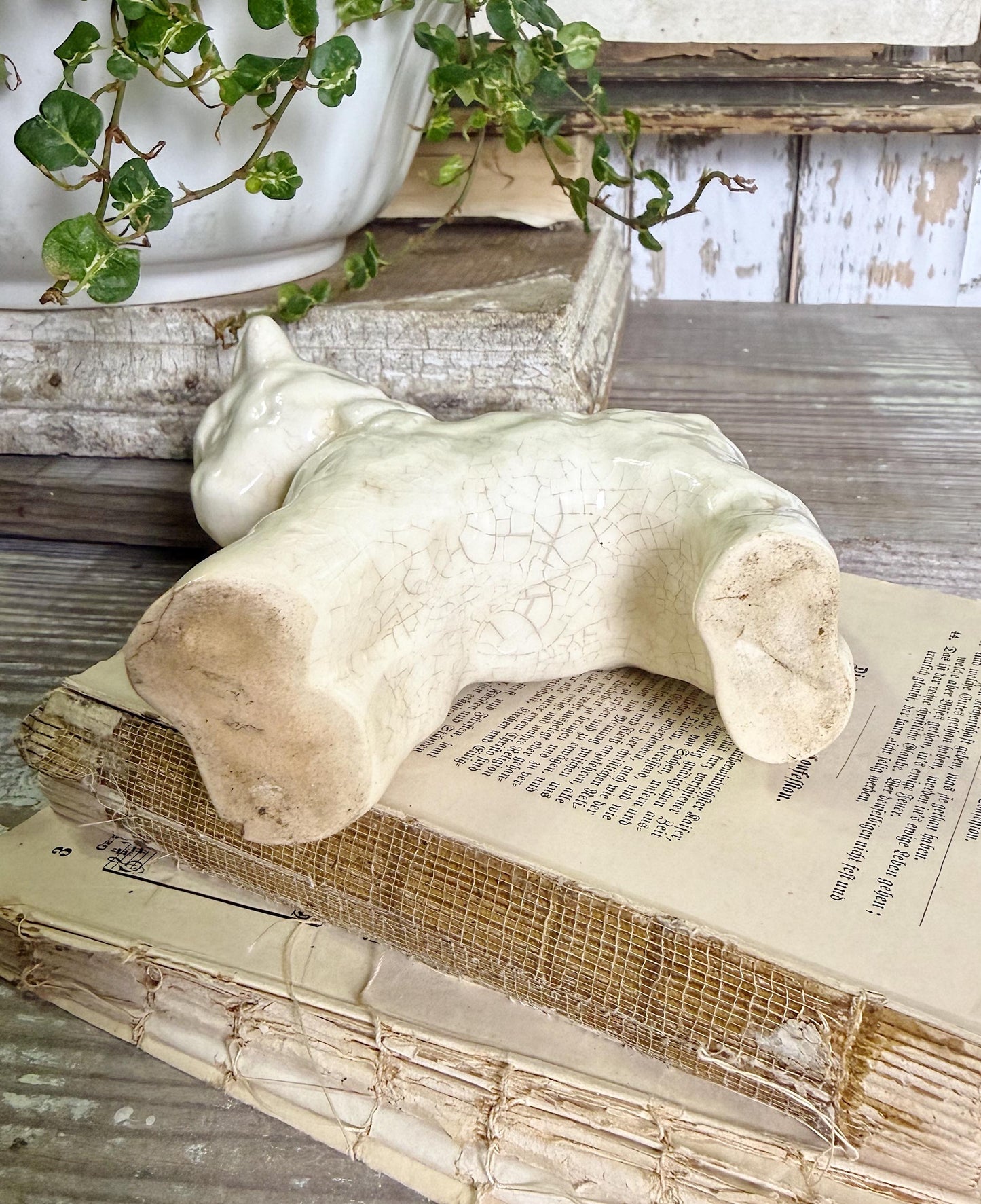 Vintage Ironstone LAMB Planter Creamy White Farmhouse Decor RARE Japan Crazing Grungy Crazed
