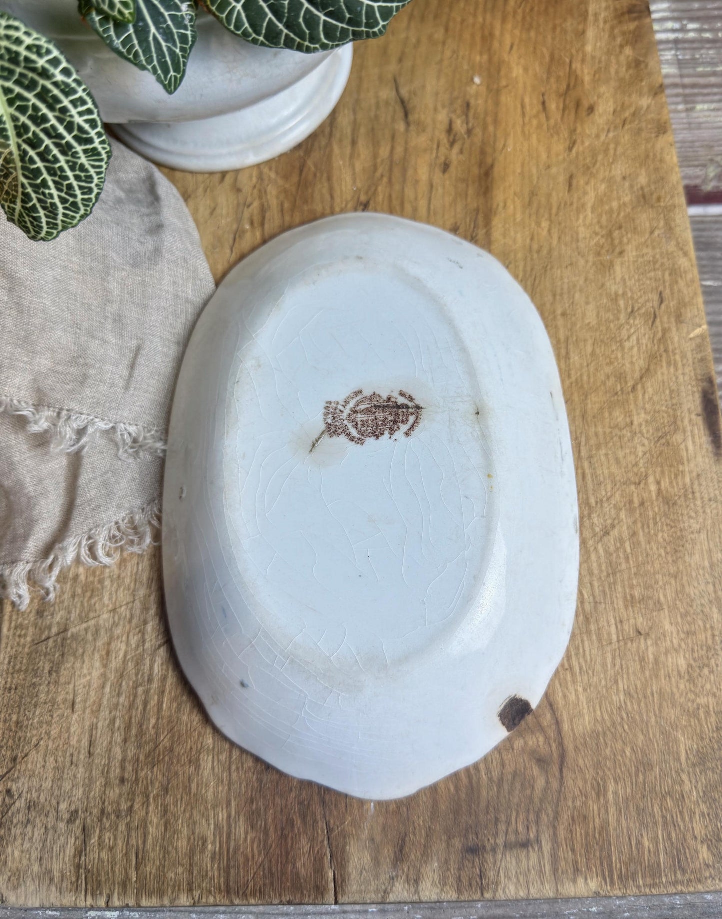Antique White Blue Transferware Ironstone Soap Dish Platter Crazing Stained Chunky Thick Farmhouse Decor HENRY ALCOCK