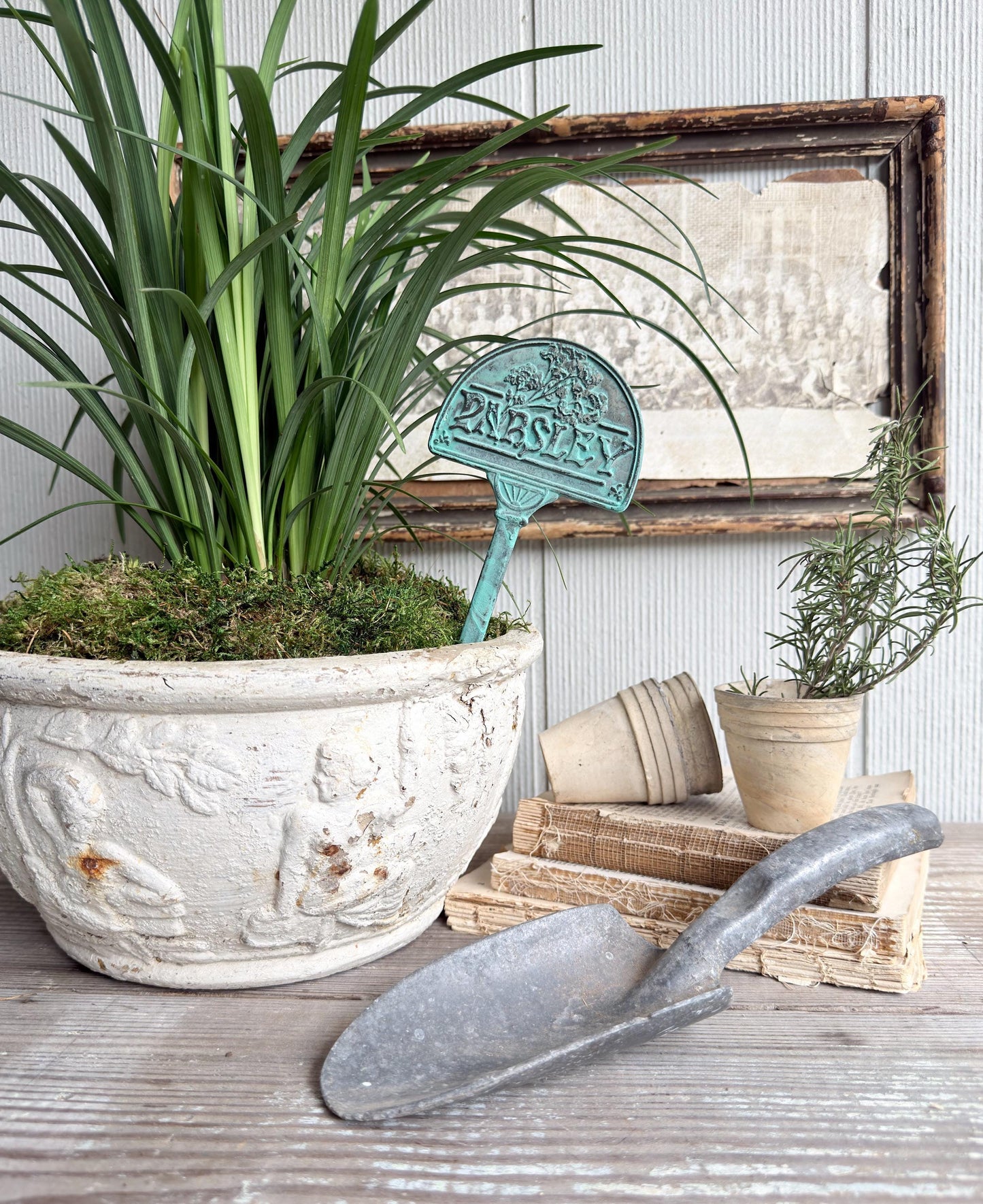 Vintage Brass Herb Marker Stake Parsley, Garden Plant Marker, Aged Patina Garden Decor, Rustic Garden Accent
