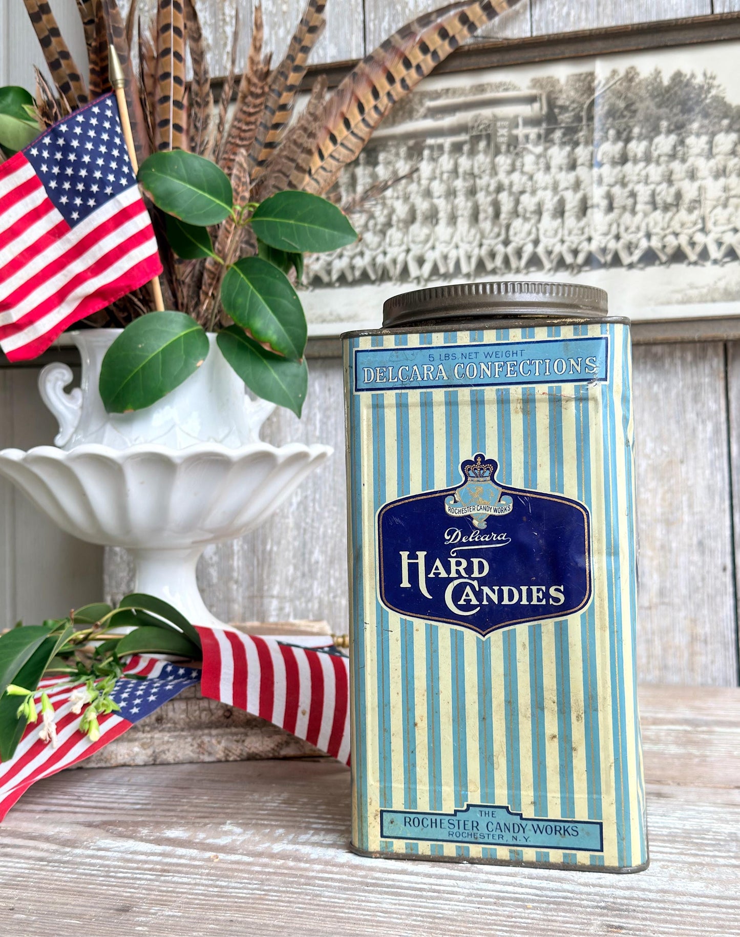 Vintage Delcara Candy Tin, Rochester Candy Works NY, Blue Striped Hard Candies Canister