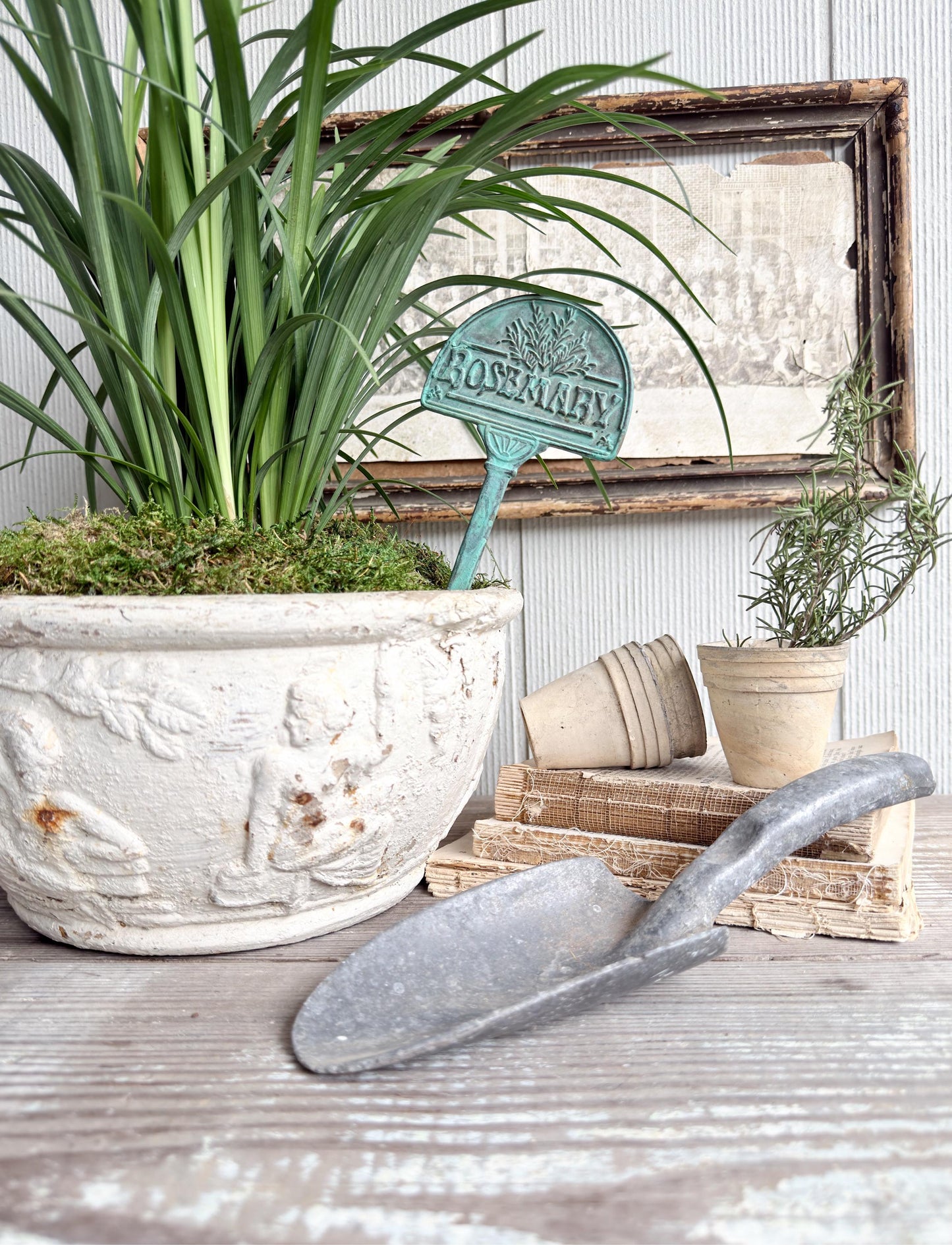 Vintage Brass Rosemary Herb Marker Stake, Aged Patina Garden Decor, Rustic Accent