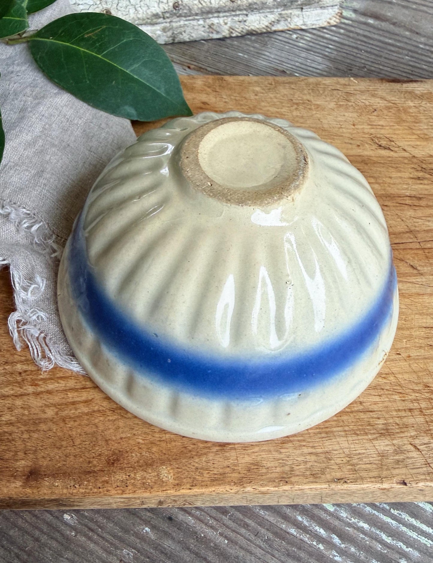 Antique Salt Glazed Stoneware Bowl – Blue Banded Pottery, Primitive Farmhouse Rustic Kitchen Decor
