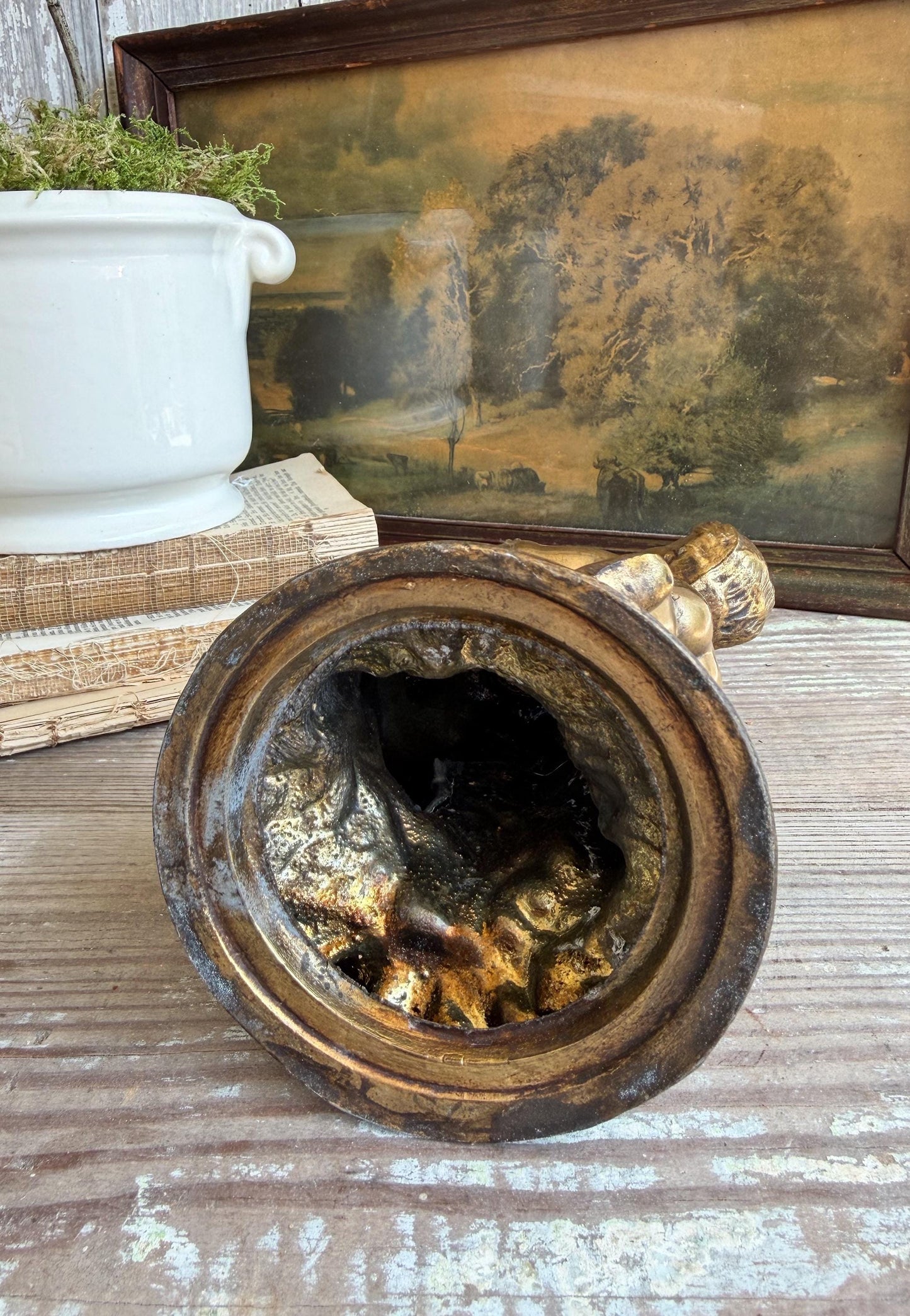 Vintage Cherub Lamp Base – Gold Metal Putti Candle Holder, Hollywood Regency Style, Ornate Table Lamp Part