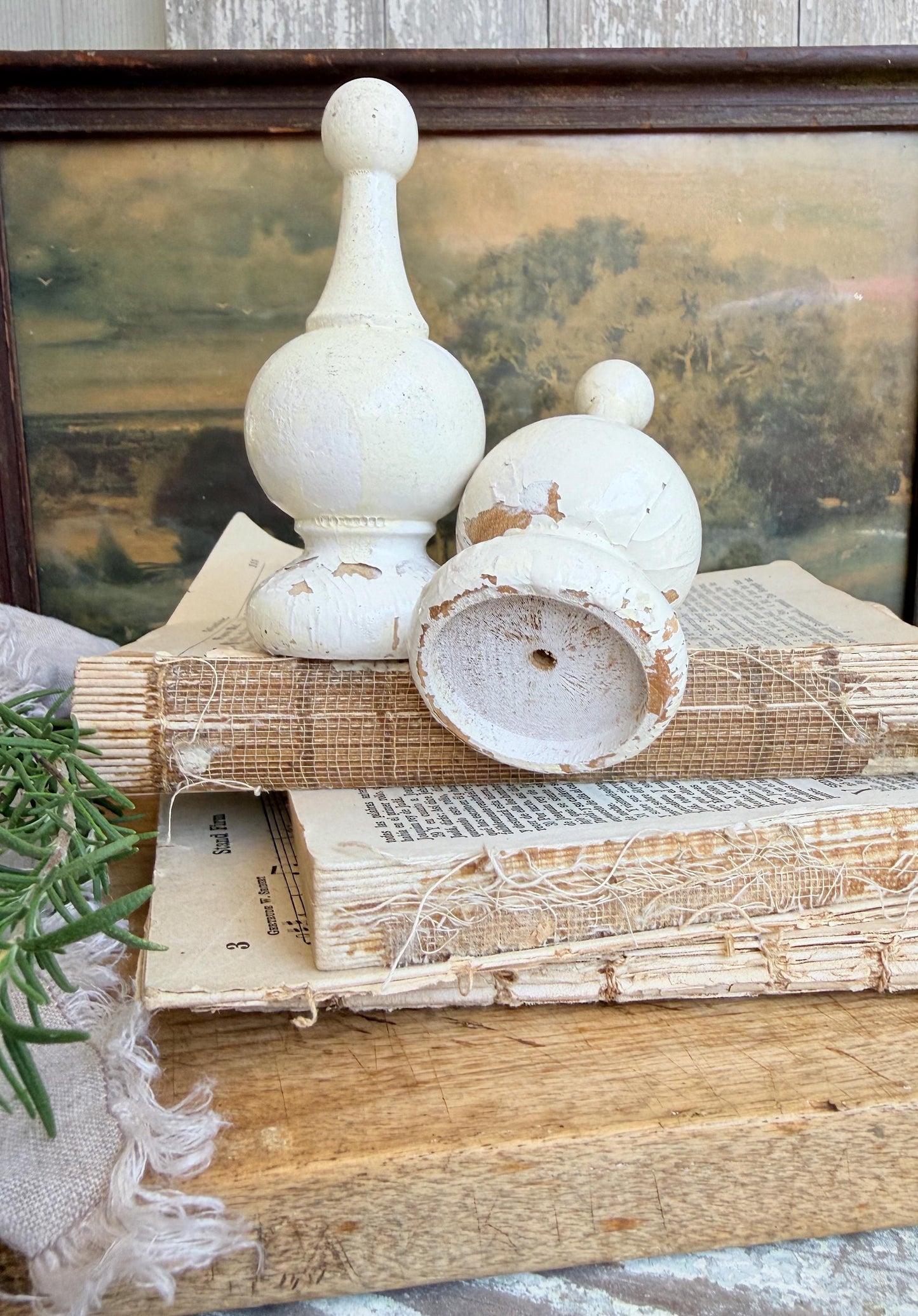 Vintage Chippy White Wood Finial Post Rod Cap