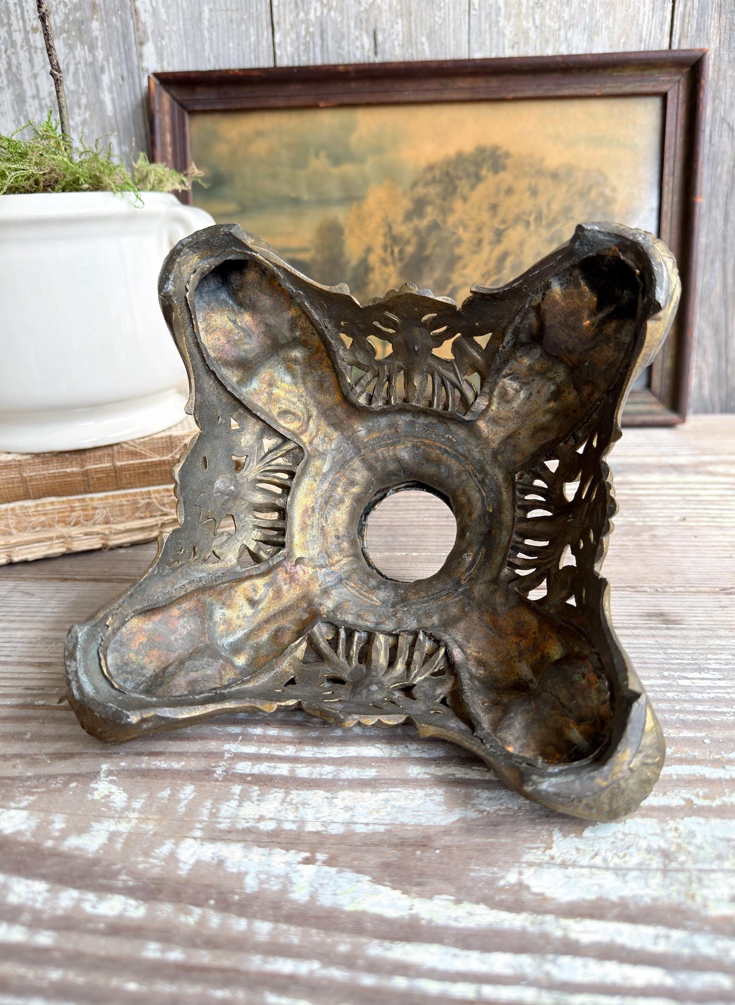 Antique Brass Lamp Base Part Pedestal Stand, Primitive Decor