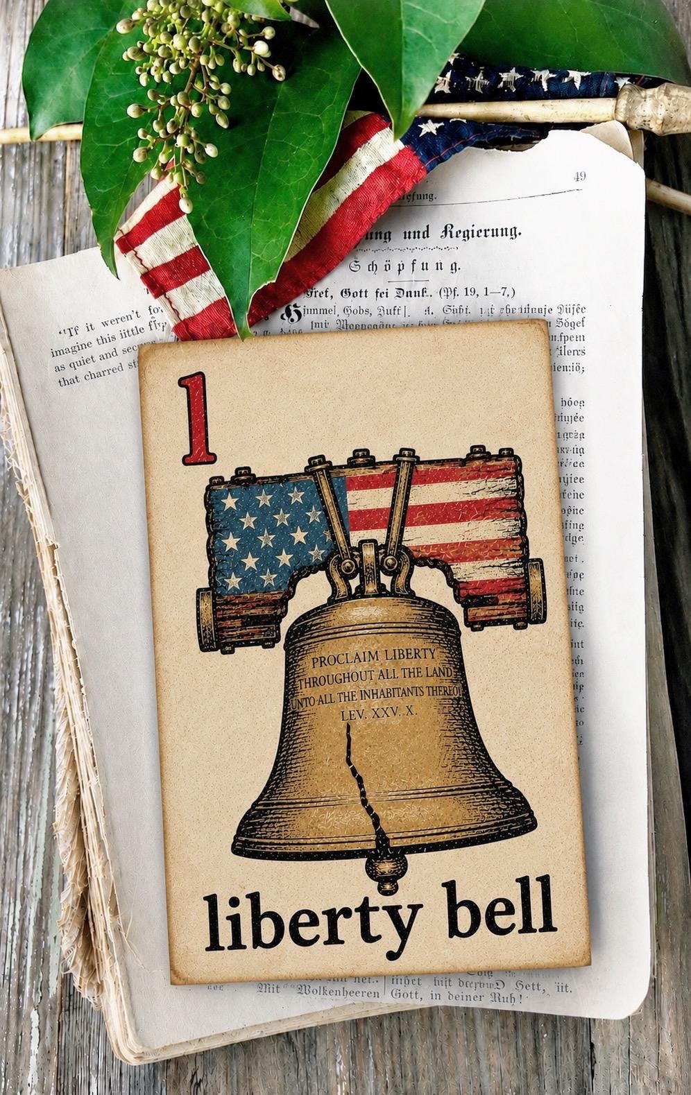 LIBERTY BELL Flash Card Vintage Americana Decor Patriotic Fourth July Party