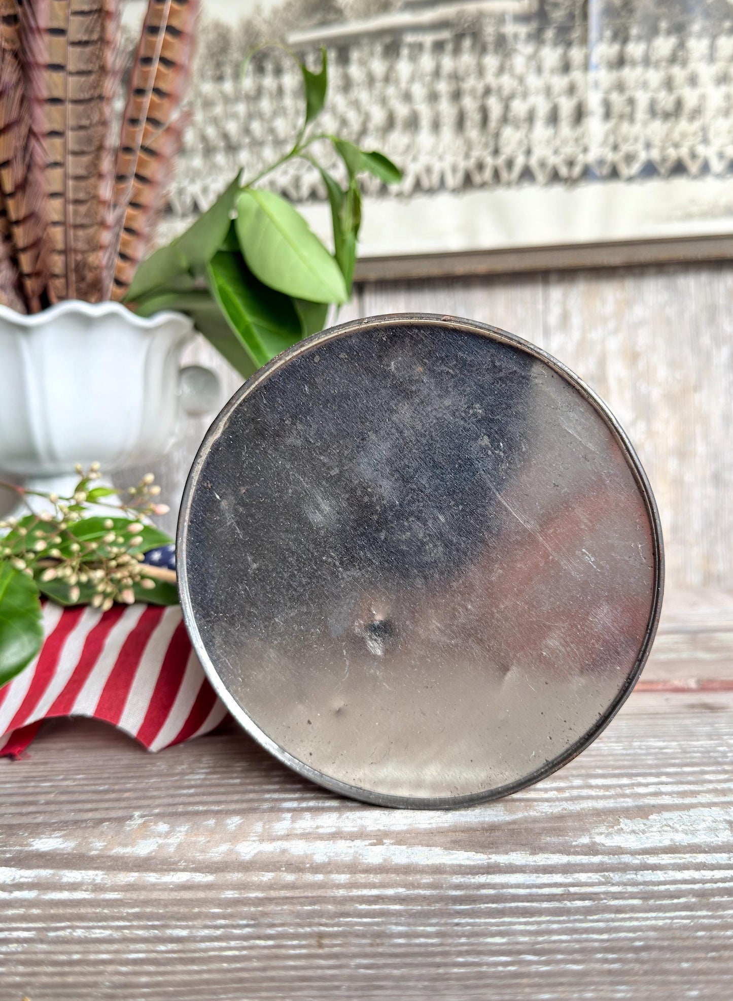 Vintage CRACKER JACK Tin Can Red White Blue Farmhouse Americana