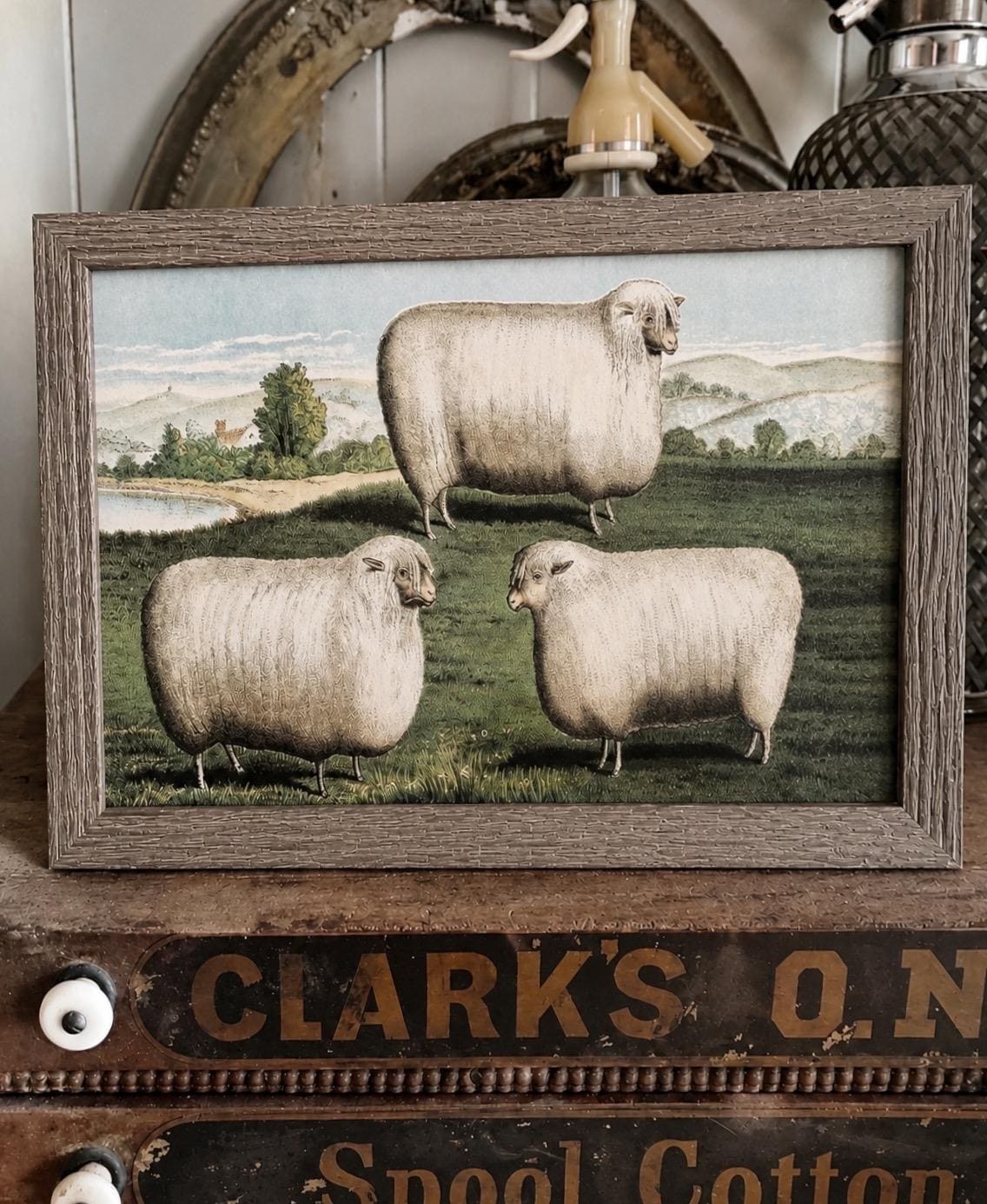 Vintage FRAMED SHEEP HERD Wood Sign Primitive Farmhouse Decor Illustration Book Page Wall Art Print Pasture Farm Antique Image