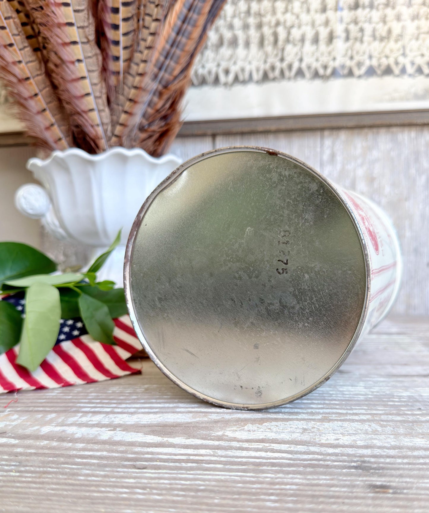Vintage CRACKER JACK Tin Can Red White Blue Farmhouse Americana Decor