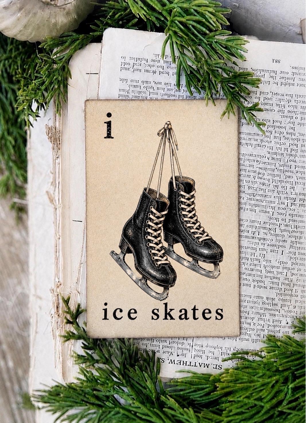 ICE SKATES Flash Card Vintage Christmas Farmhouse Decor Party