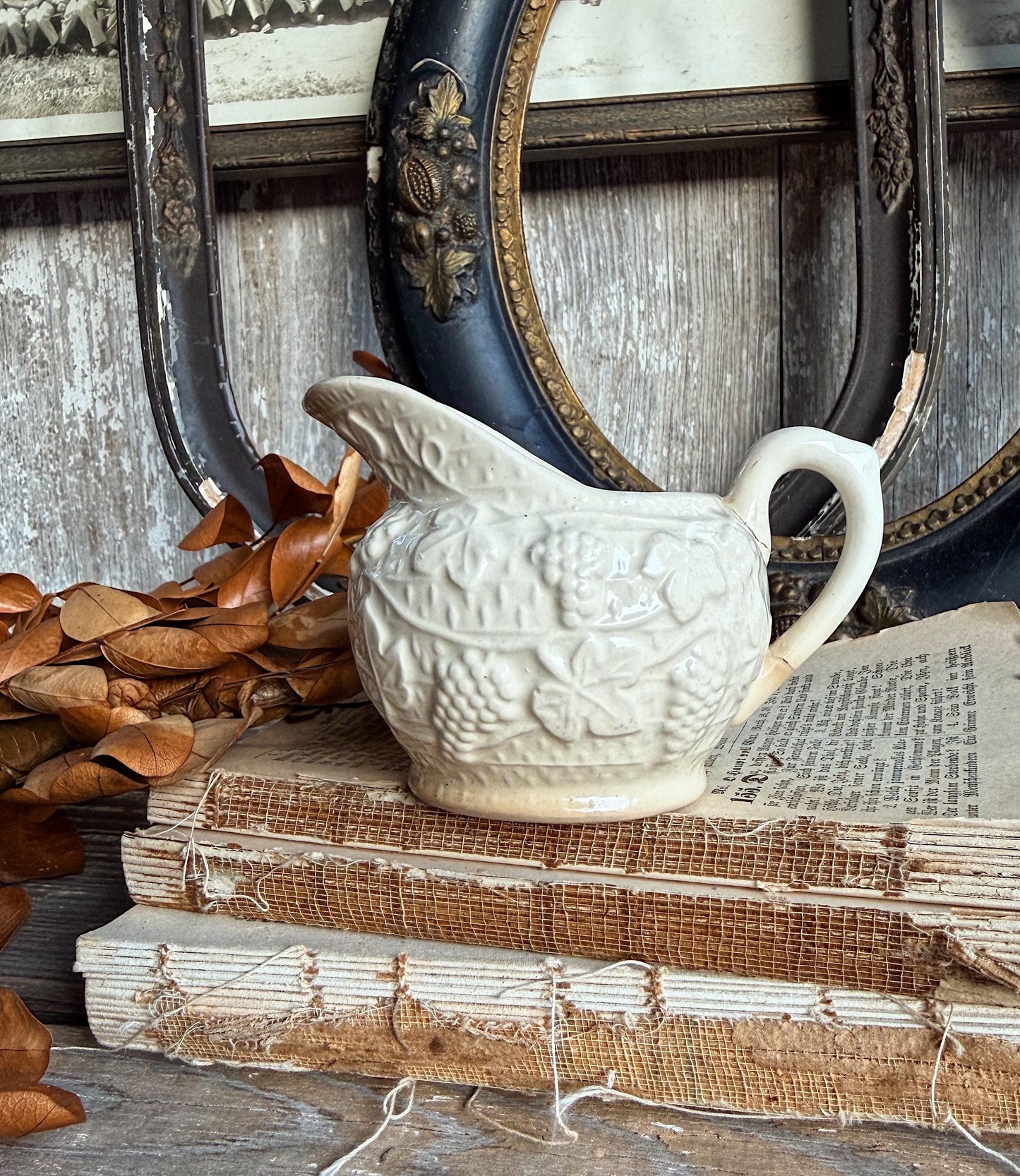Antique Ironstone Pitcher, White Embossed Pitcher, Farmhouse Crazing