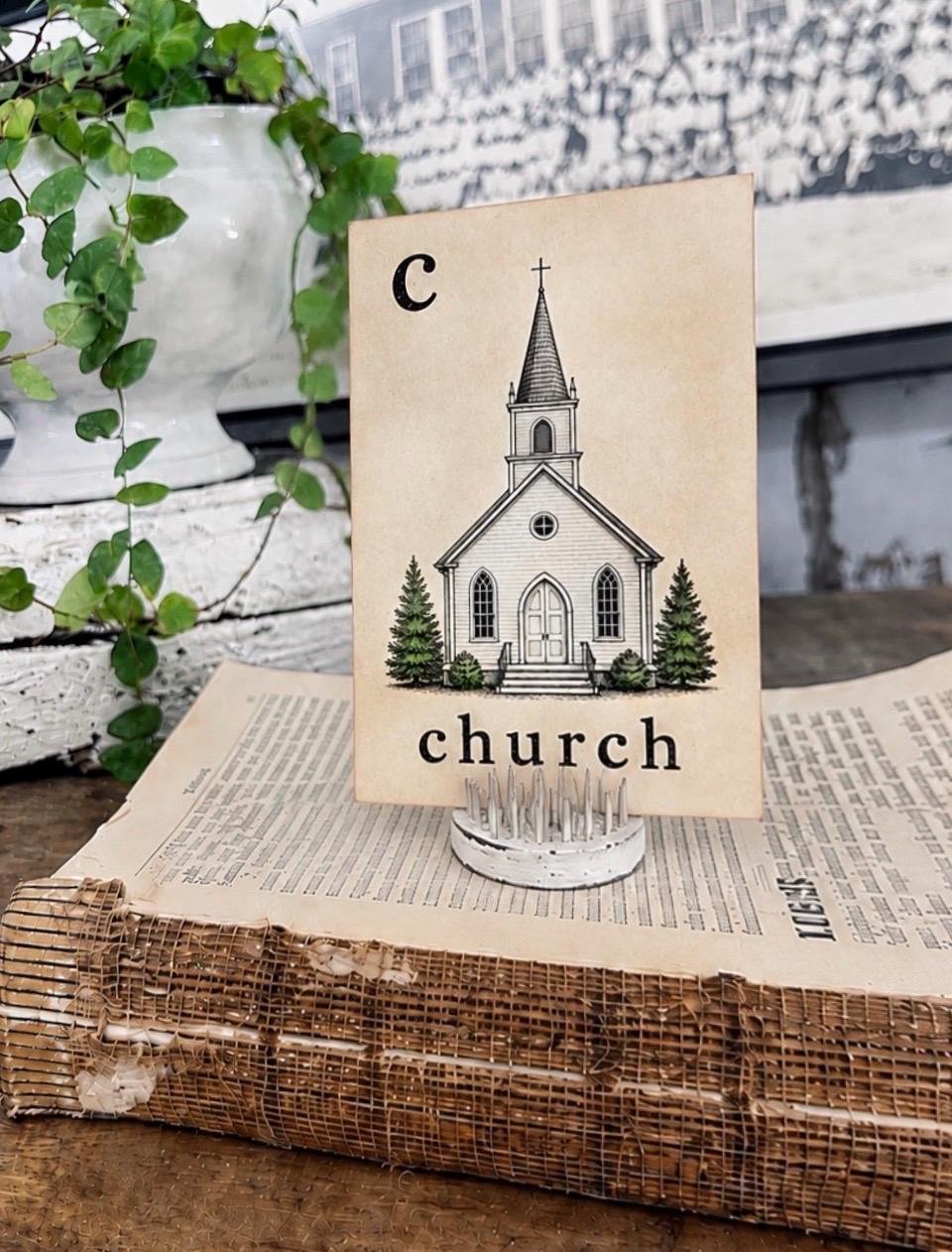 CHURCH Flash Card Vintage Bible Christian Farmhouse Decor Party