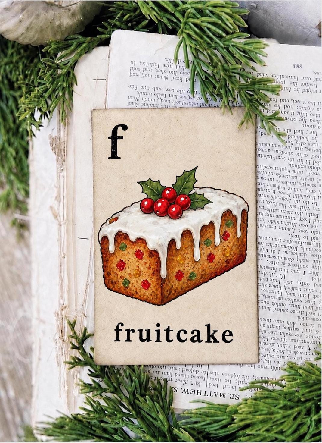 FRUIT CAKE Flash Card Vintage Christmas Farmhouse Decor Party