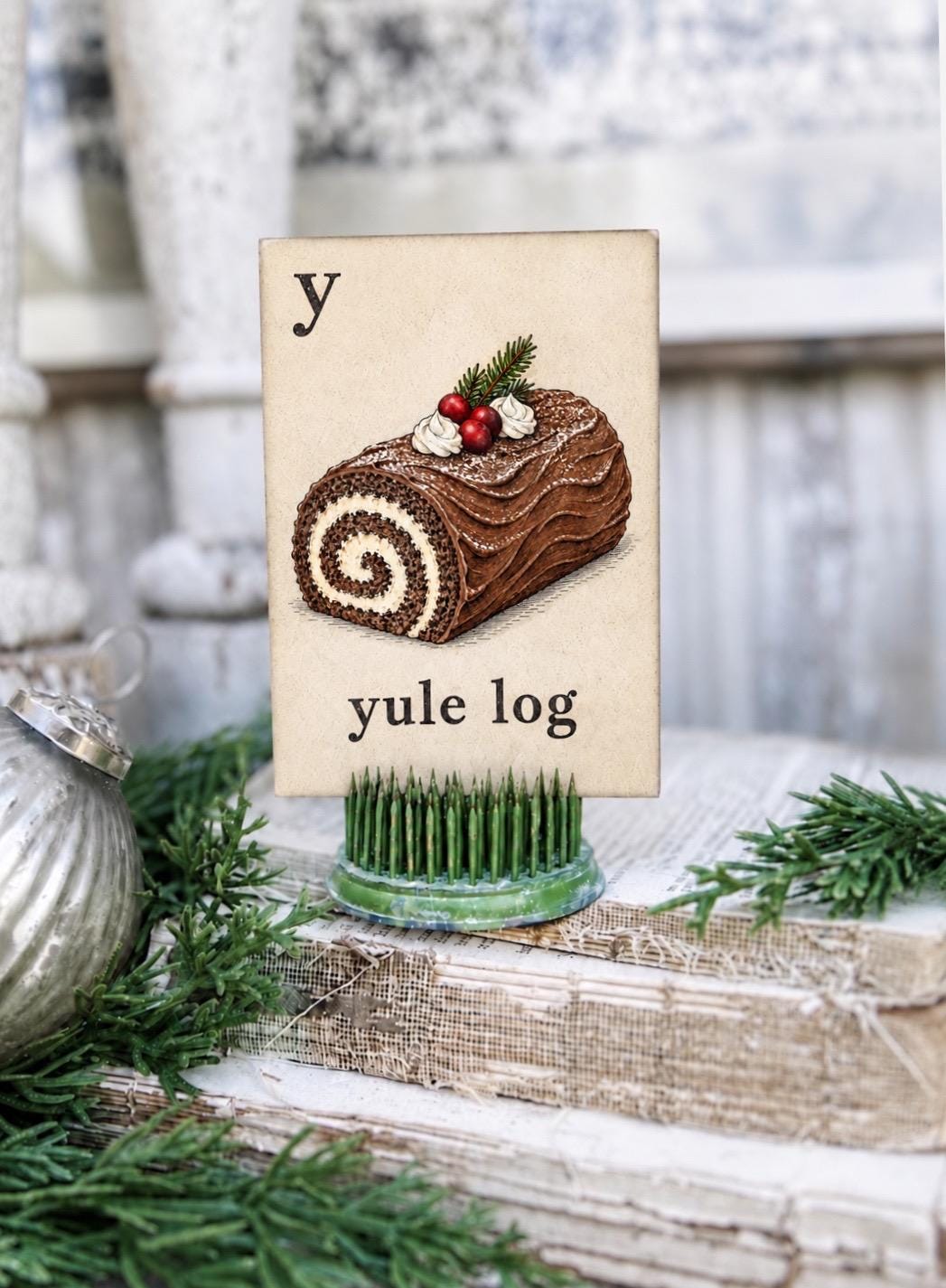 YULE LOG Flash Card Vintage Christmas Farmhouse Decor Party