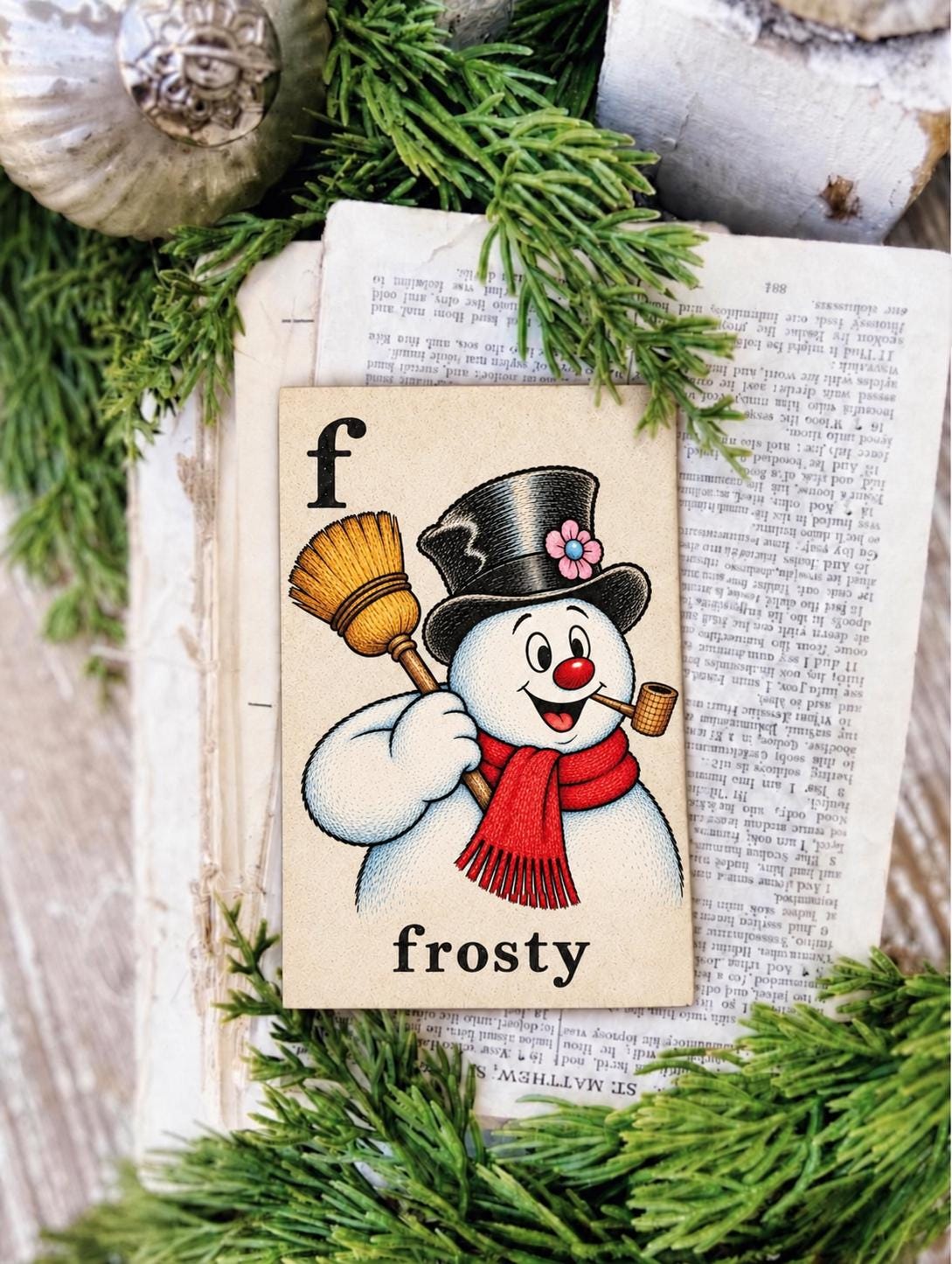 FROSTY Flash Card Vintage Christmas Snowman Farmhouse Decor Party
