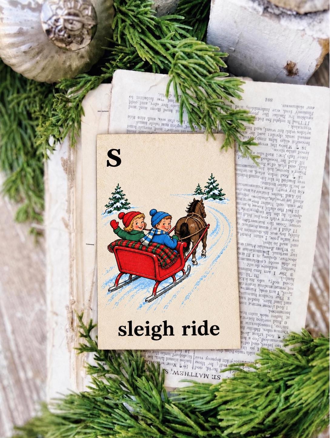 SLEIGH RIDE Flash Card Vintage Christmas Winter Farmhouse Decor Party