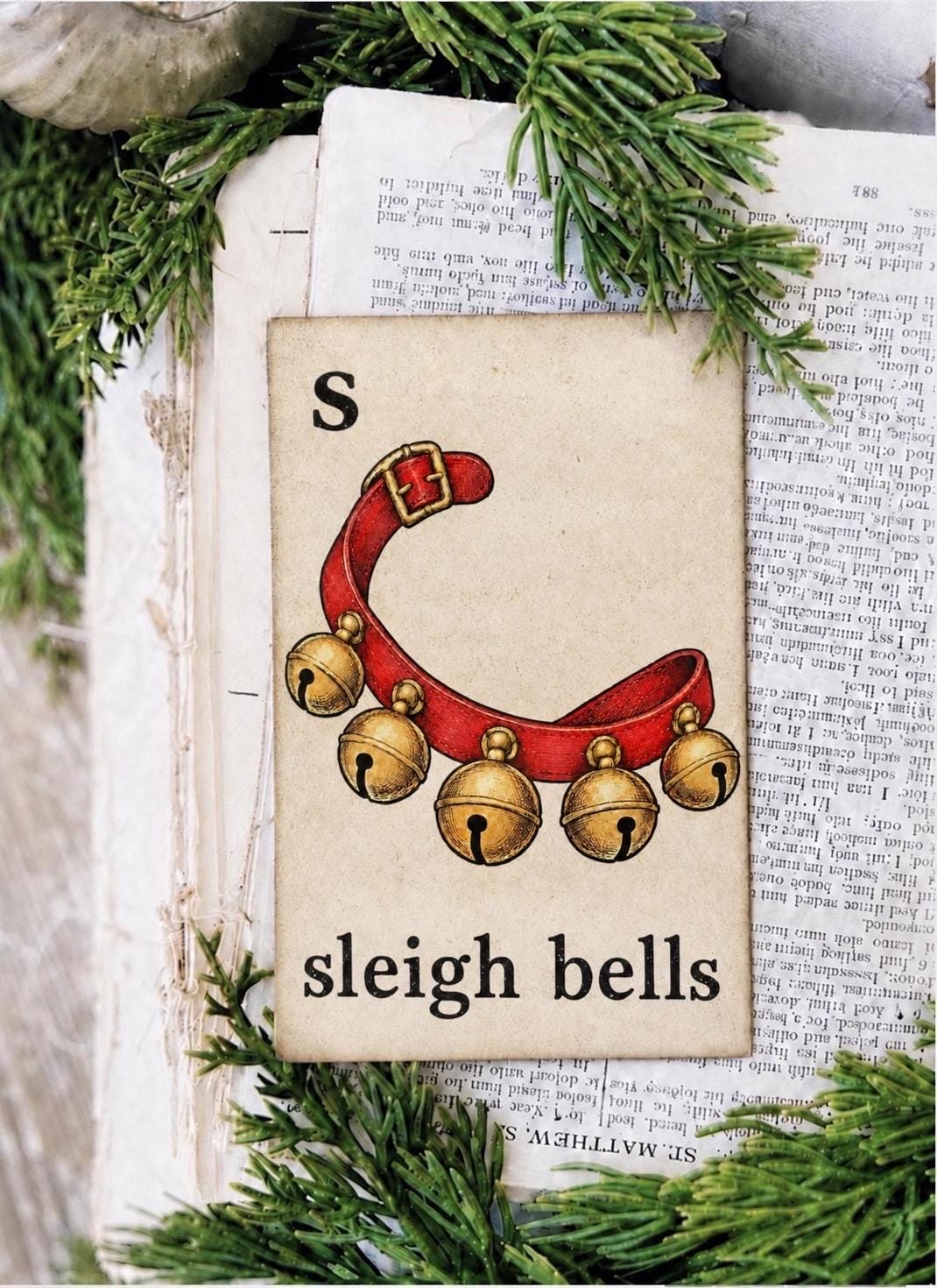 SLEIGH BELLS Flash Card Vintage Christmas Farmhouse Decor Party