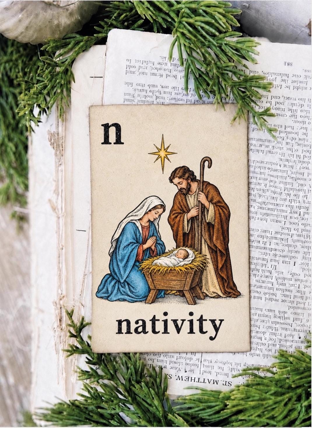NATIVITY Flash Card Vintage Christmas Farmhouse Decor Party