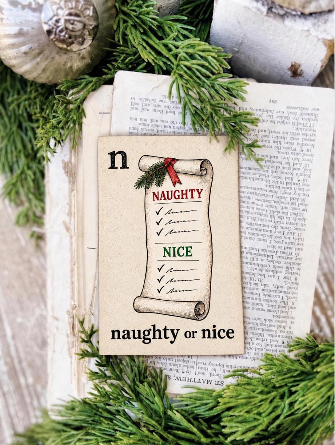 NAUGHTY OR NICE Flash Card Vintage Christmas Farmhouse Decor Party