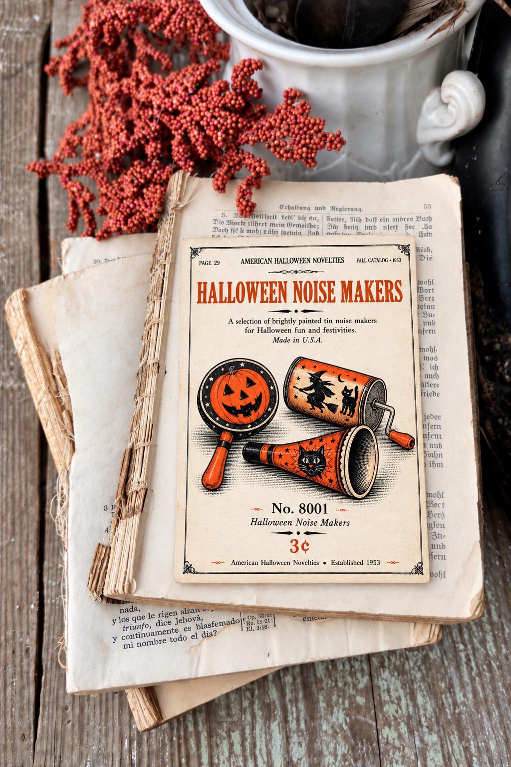 HALLOWEEN NOISE MAKERS Vintage Toy Catalog Card Fall Party Decor Sign