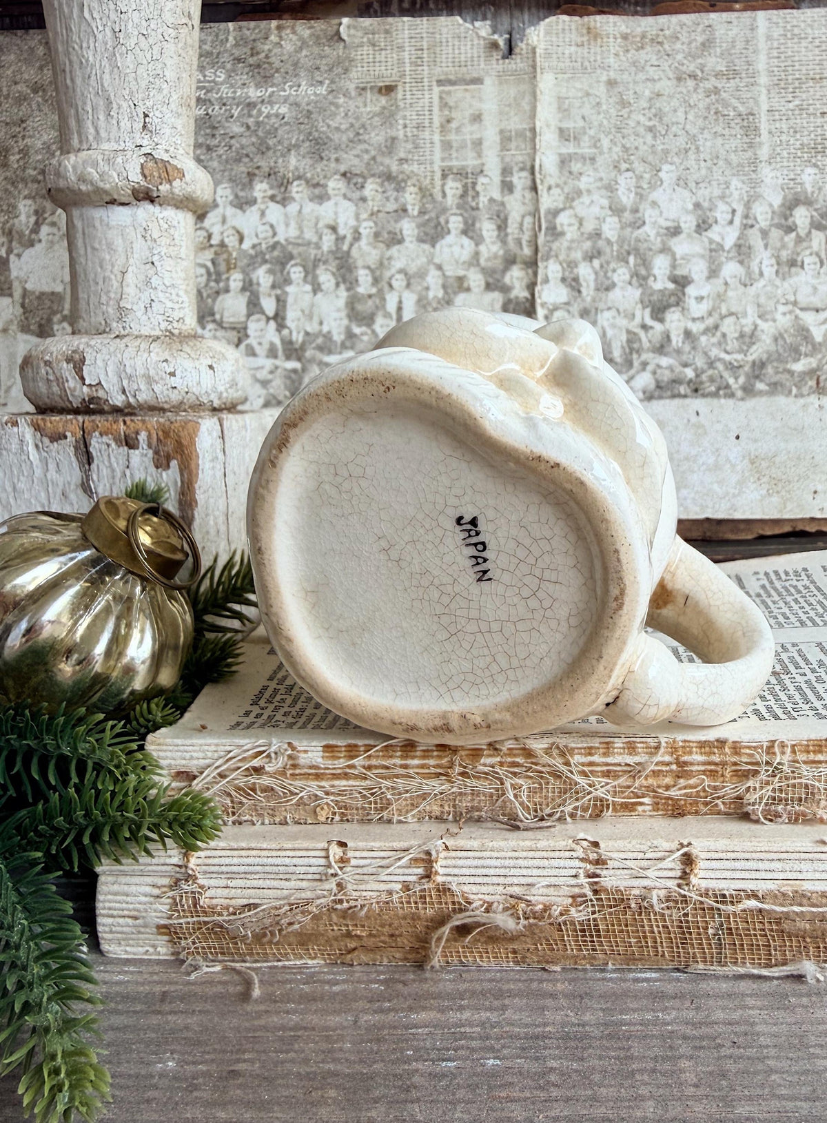 Vintage Ironstone Santa Claus Cup Mug FULL SIZE Creamy White Santa Farmhouse Christmas Decor RARE Japan Crazing Grungy Crazed