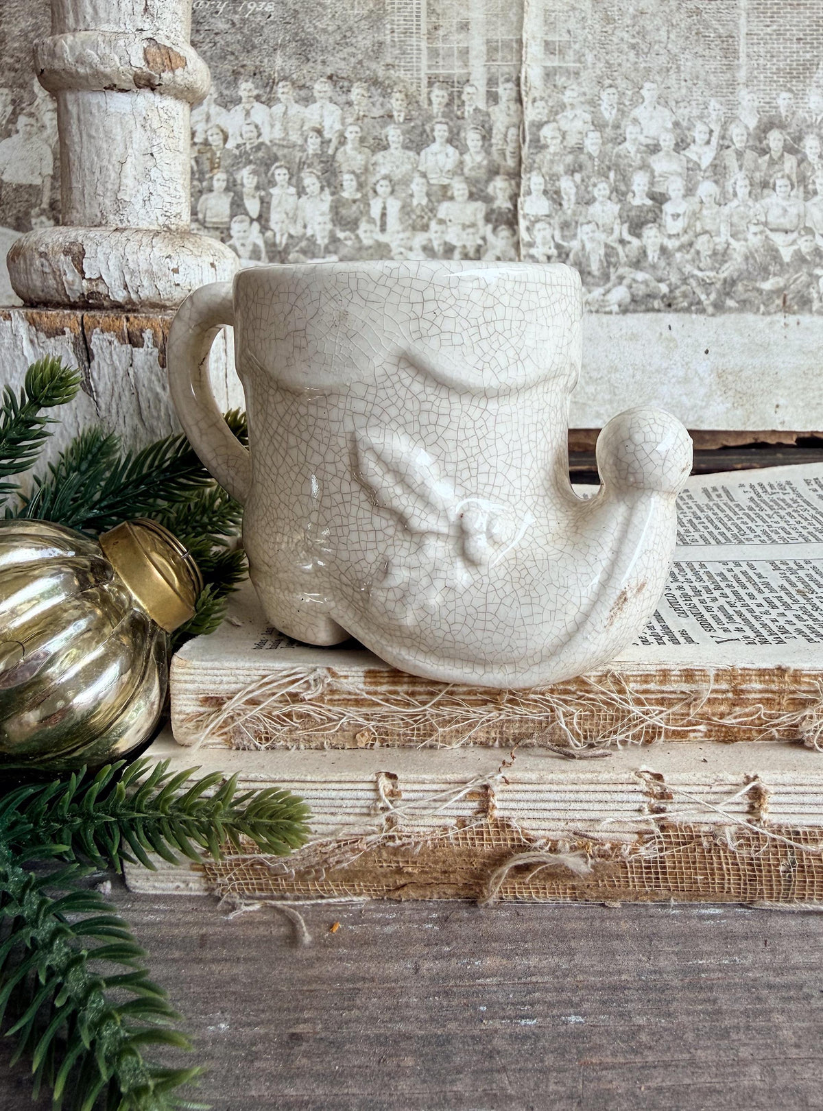 Vintage Ironstone Elf BOOT Cup Mug FULL SIZE Creamy White Santa Farmhouse Christmas Decor Rare Japan Crazing Crazed