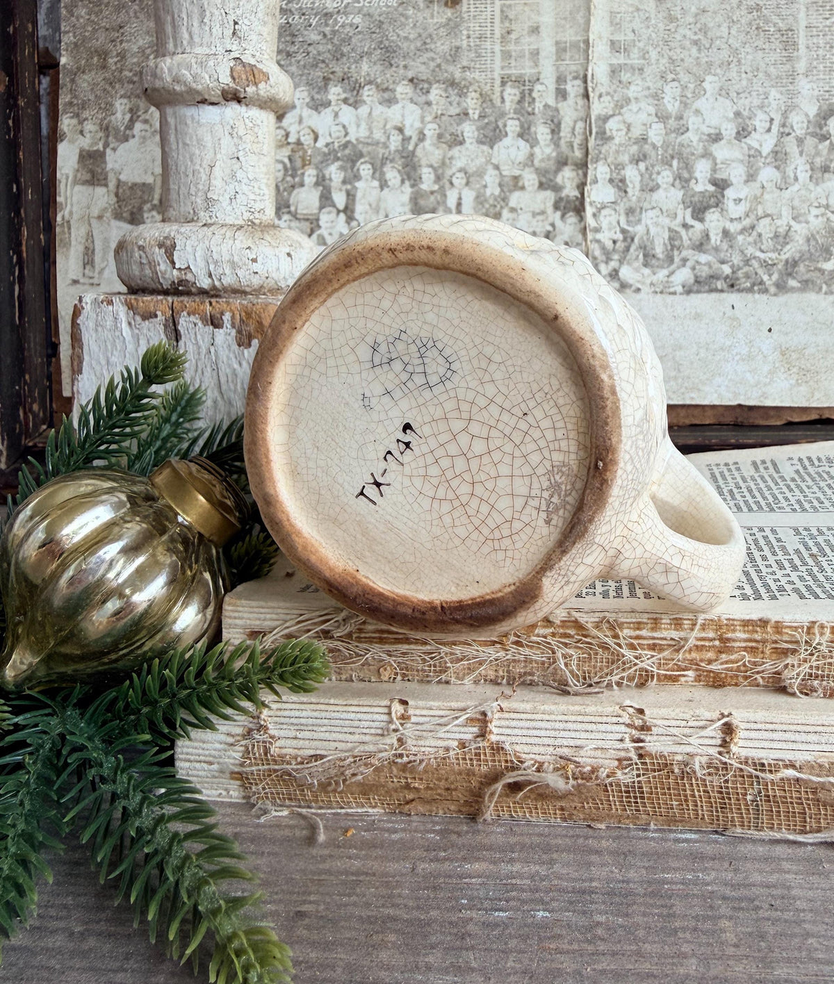 Vintage Ironstone Santa Claus Cup Mug FULL SIZE Creamy White Santa Farmhouse Christmas Decor RARE Japan Crazing Grungy Crazed