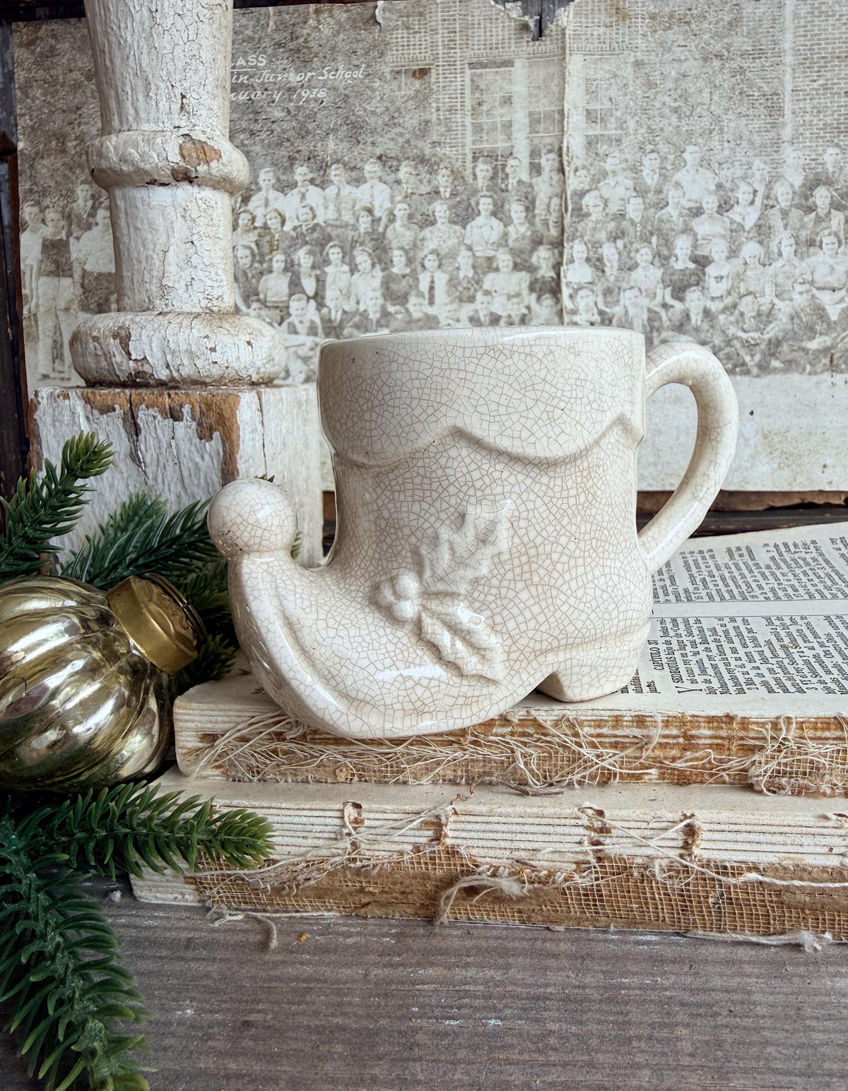 Vintage Ironstone Elf BOOT Cup Mug FULL SIZE Creamy White Santa Farmhouse Christmas Decor Rare Japan Crazing Crazed