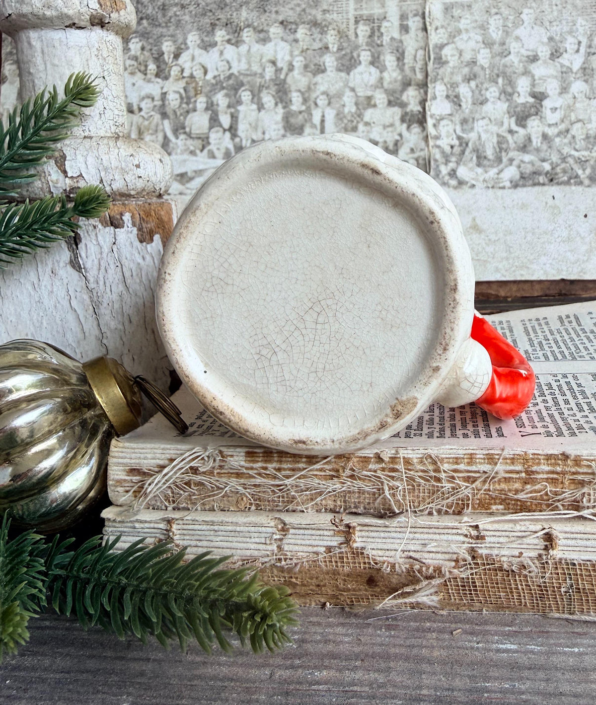 Vintage Ironstone Santa Claus Cup Mug FULL SIZE Creamy White Red Painted Farmhouse Christmas Decor RARE Japan Grungy Heavily Crazed