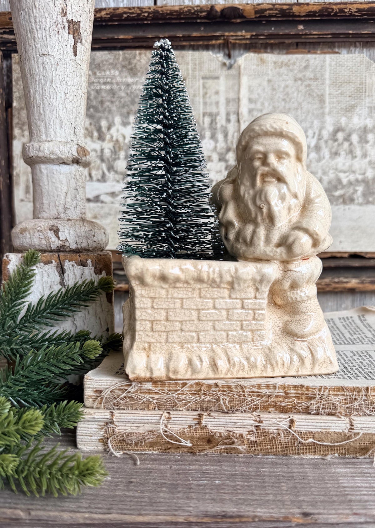 Vintage SANTA CHIMNEY PLANTER Creamy White Ironstone Crazing Grungy Ceramic Container Farmhouse Christmas Decor Japan