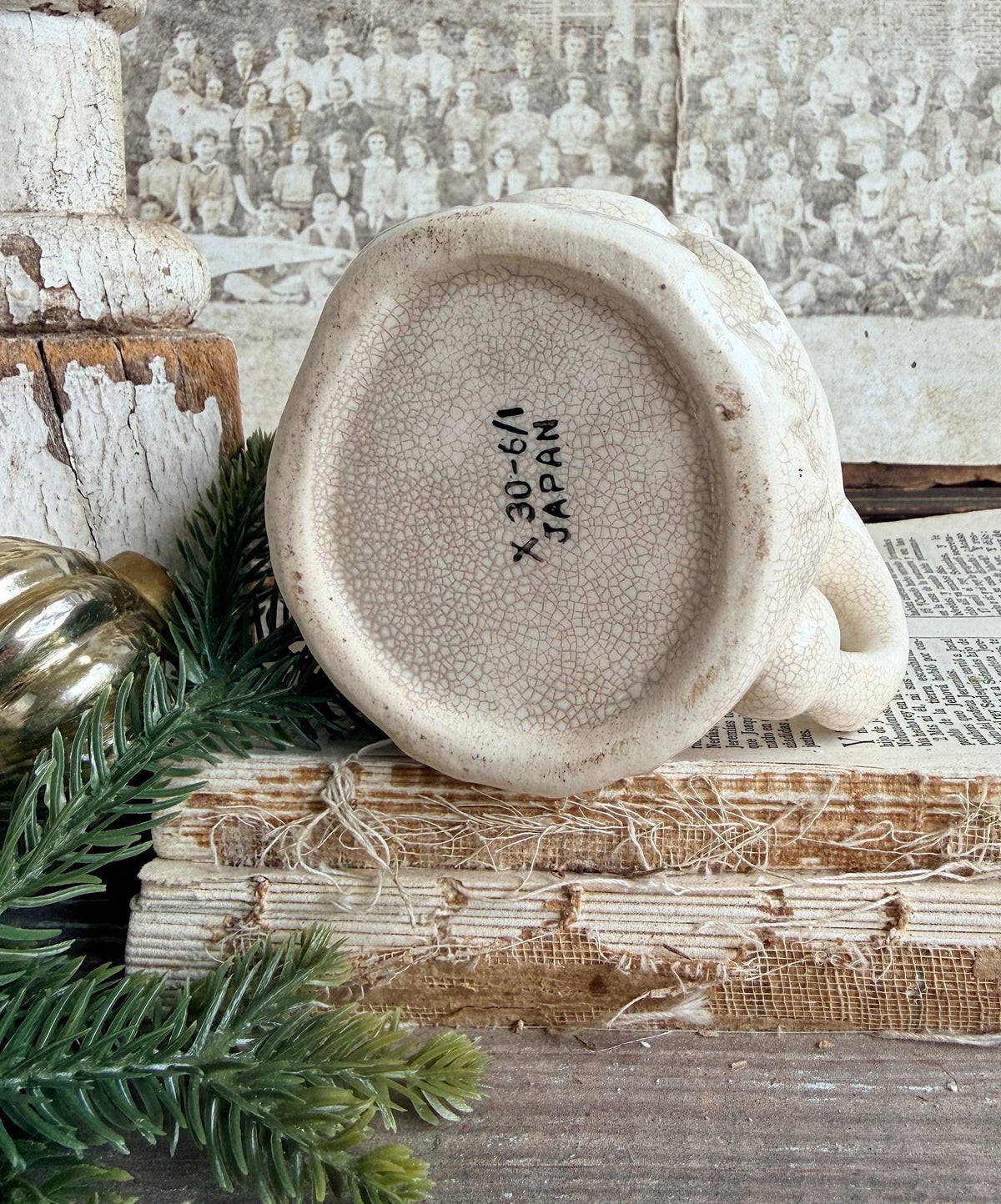 Vintage Ironstone Santa Claus Cup Mug FULL SIZE Creamy White Santa Farmhouse Christmas Decor RARE Japan Crazing Grungy Heavily Crazed