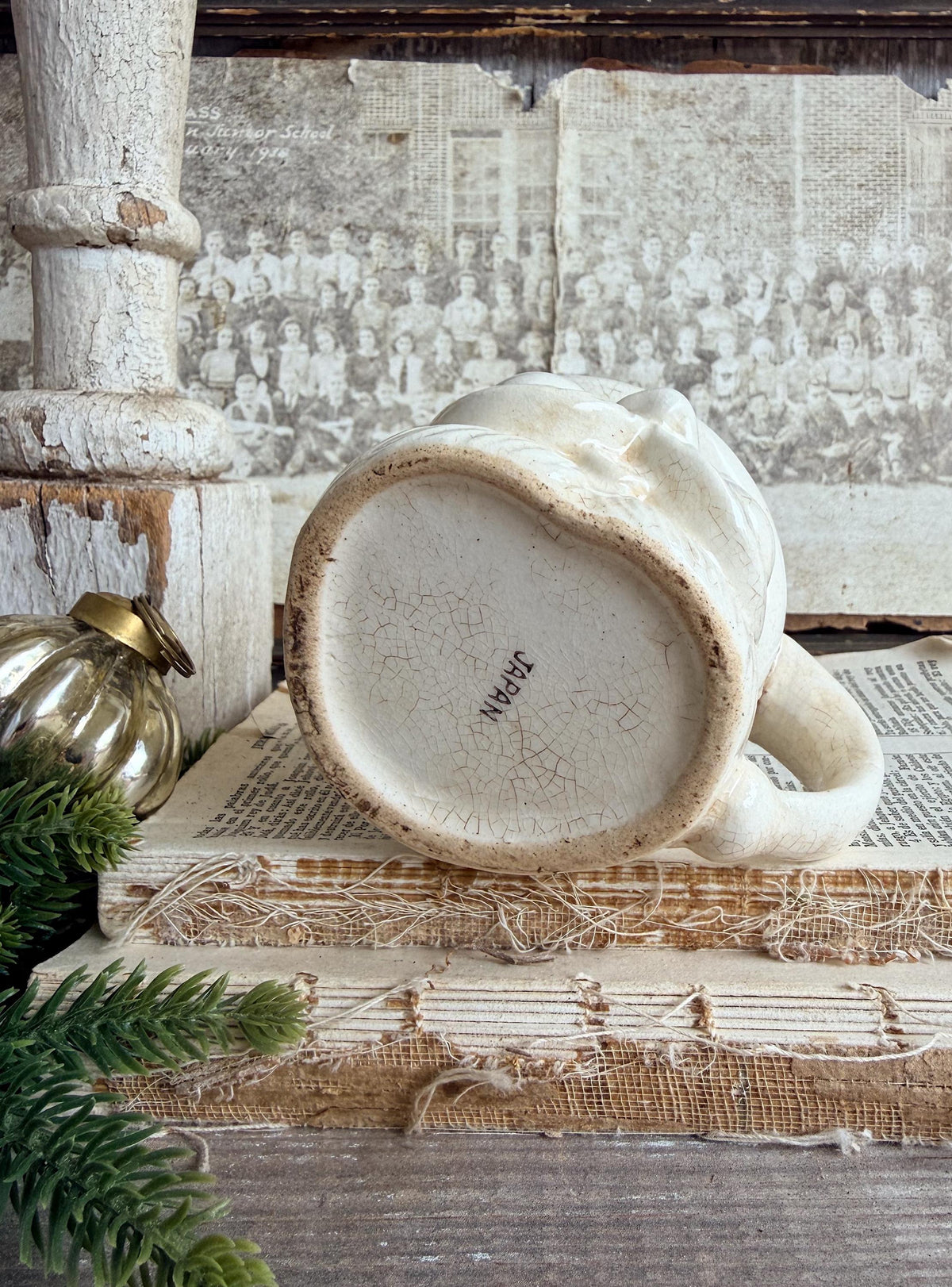 Vintage Ironstone Santa Claus Cup Mug FULL SIZE Creamy White Santa Farmhouse Christmas Decor RARE Japan Crazing Grungy Crazed