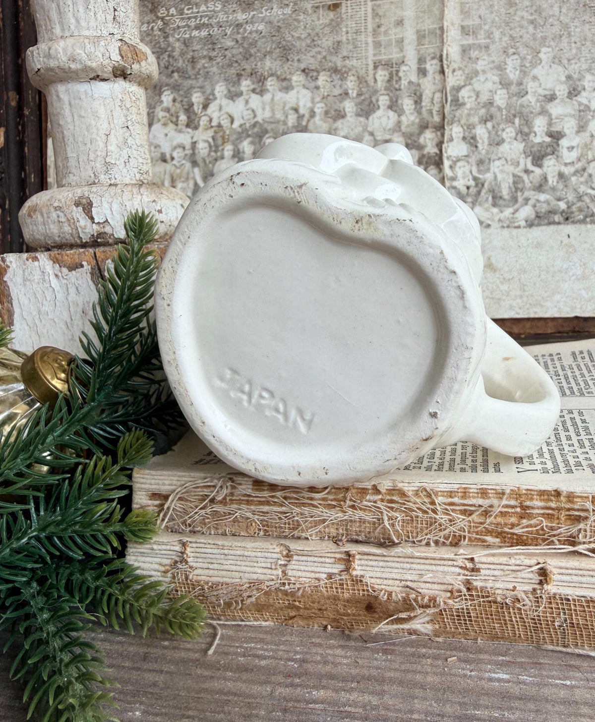 Vintage WHITE Ironstone Santa Mug FULL SIZE Cup Farmhouse Christmas Decor Japan