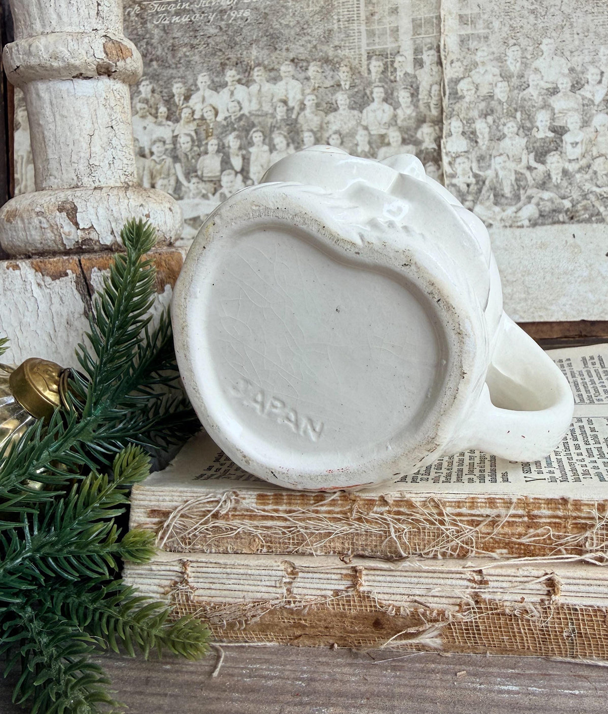Vintage WHITE Ironstone Santa Mug FULL SIZE Cup Farmhouse Christmas Decor Japan