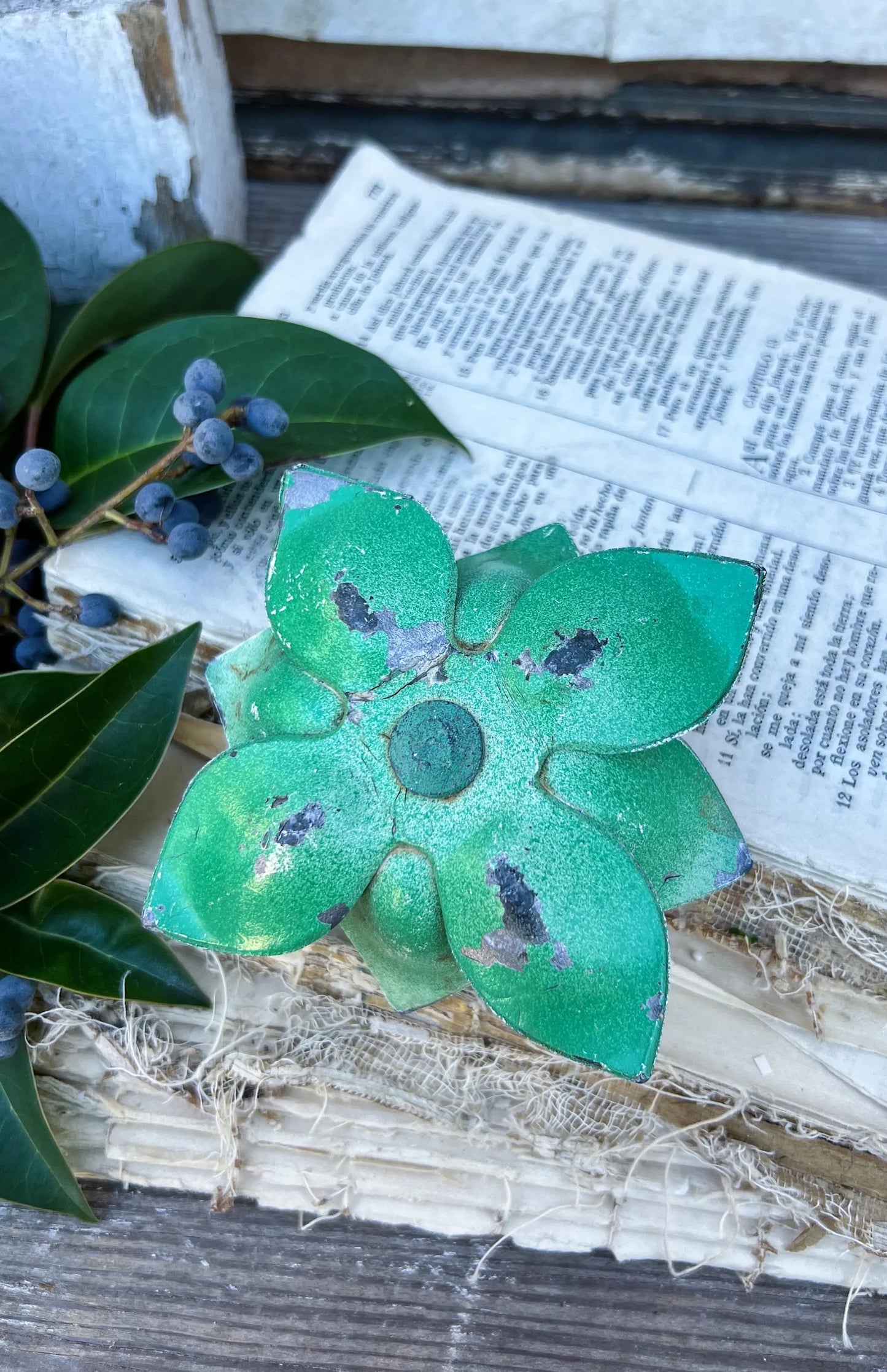 Antique WHITE LOTUS Petal Metal Floral Frog