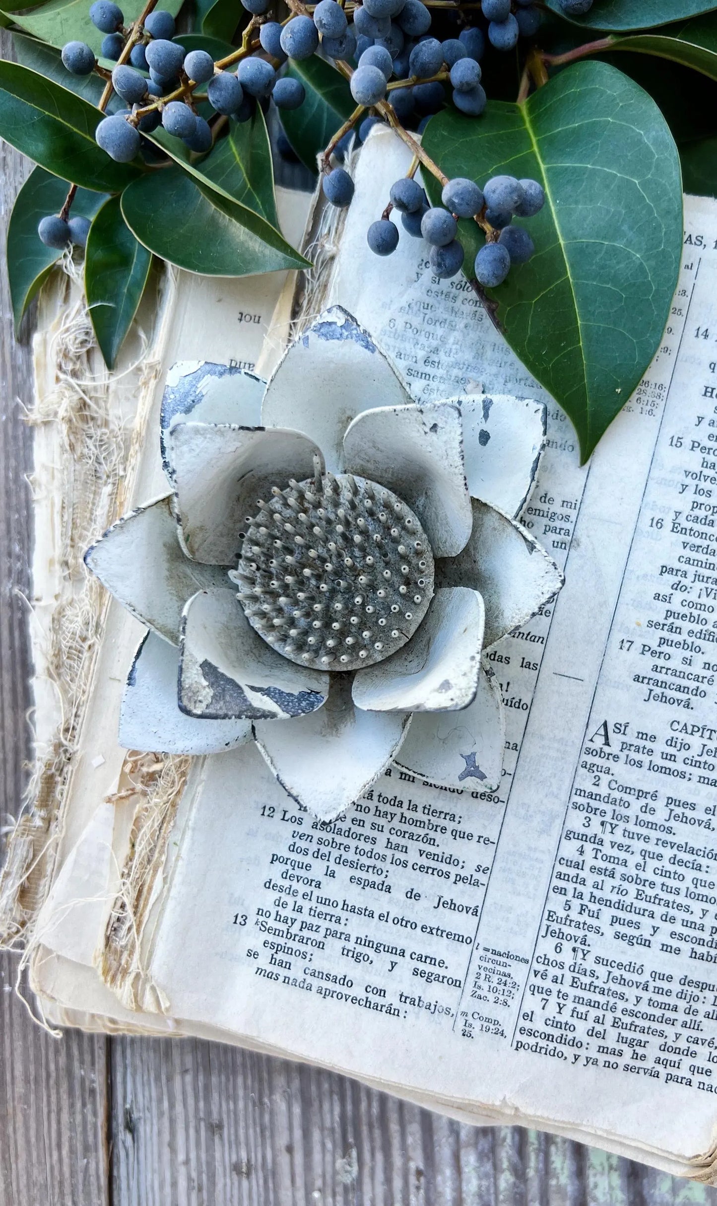 Antique WHITE LOTUS Petal Metal Floral Frog