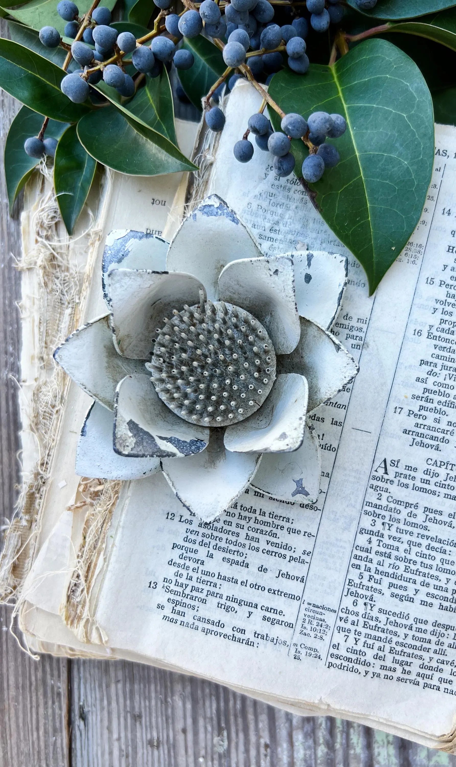 Antique WHITE LOTUS Petal Metal Floral Frog