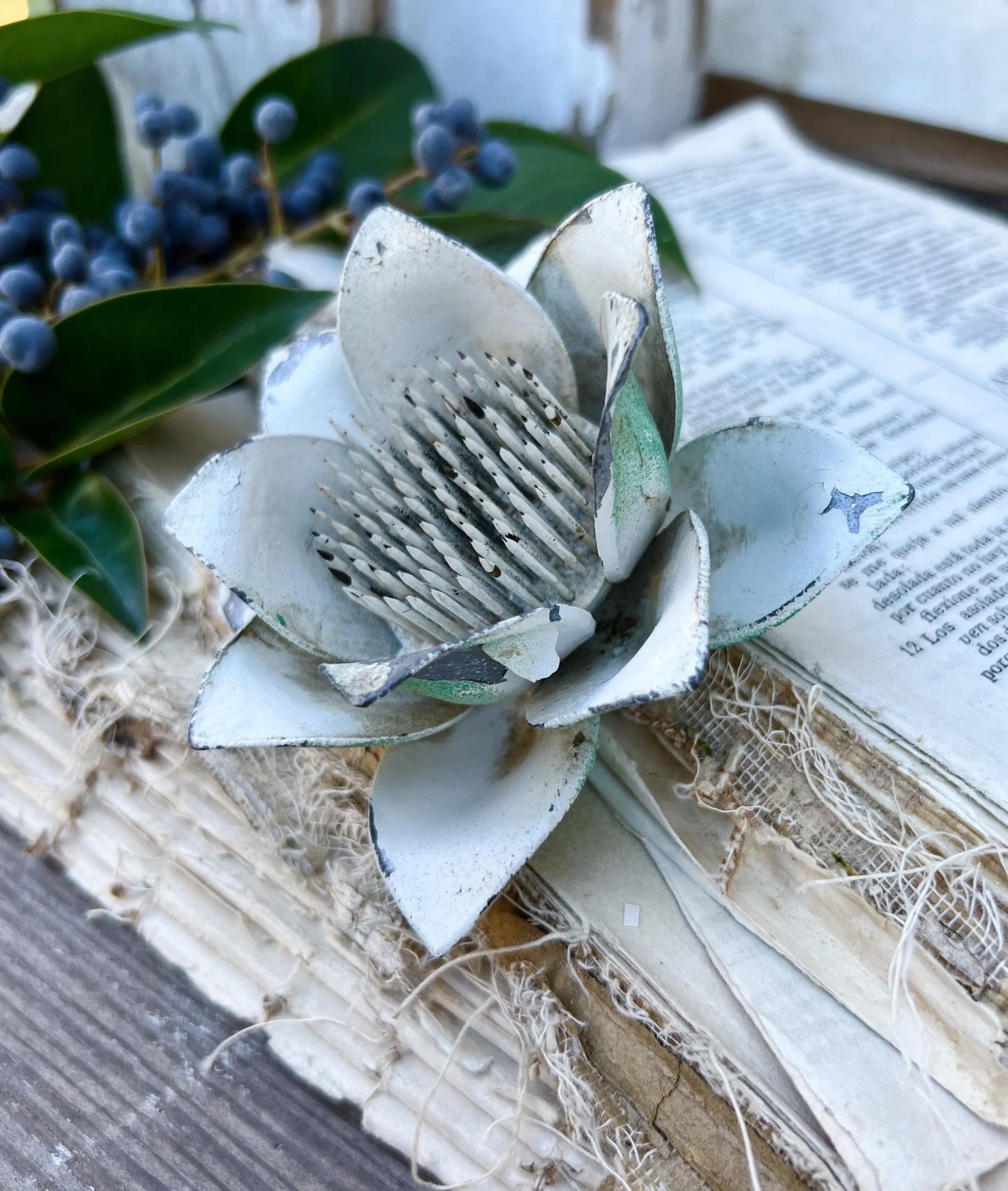 Antique WHITE LOTUS Petal Metal Floral Frog
