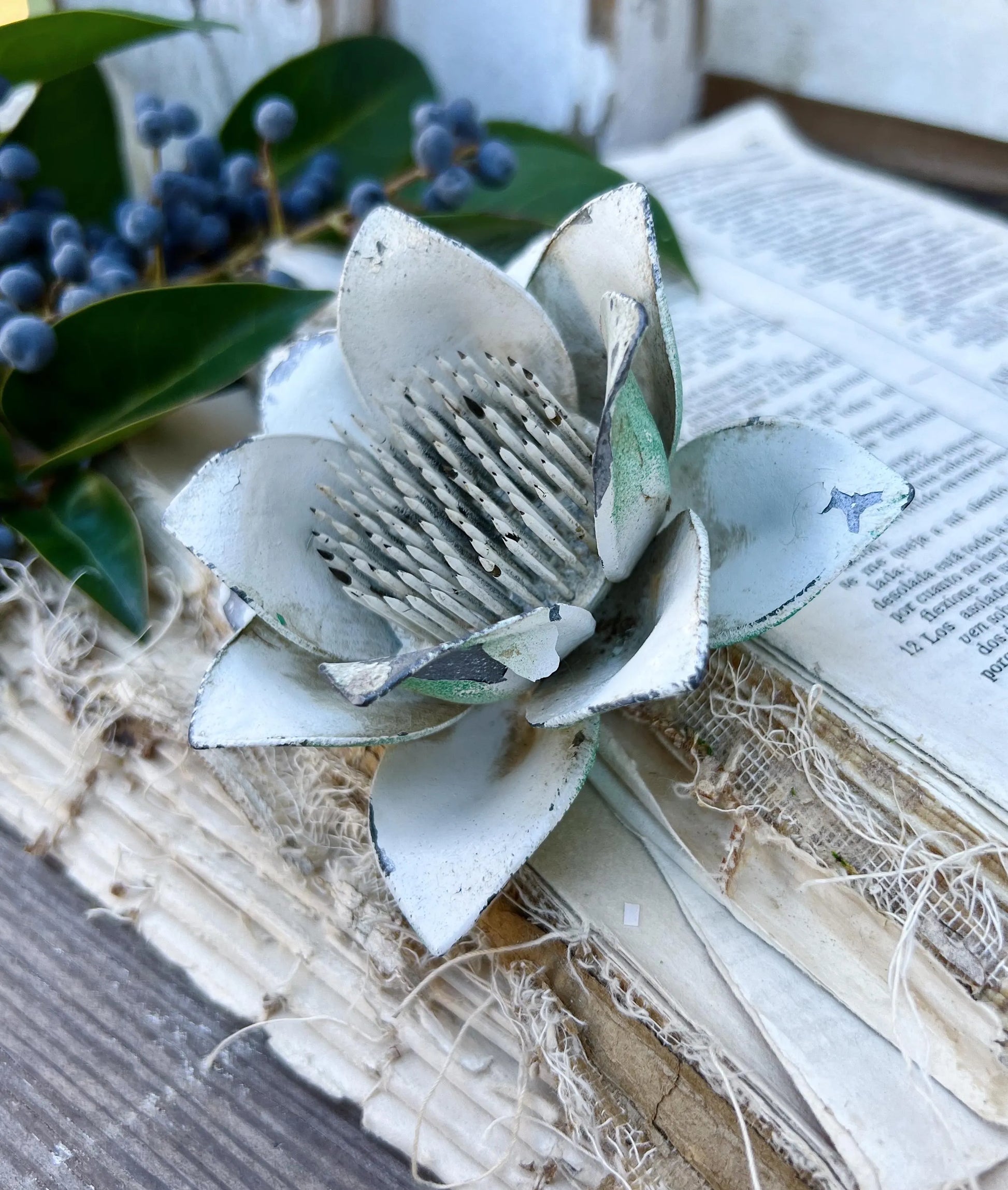 Antique WHITE LOTUS Petal Metal Floral Frog