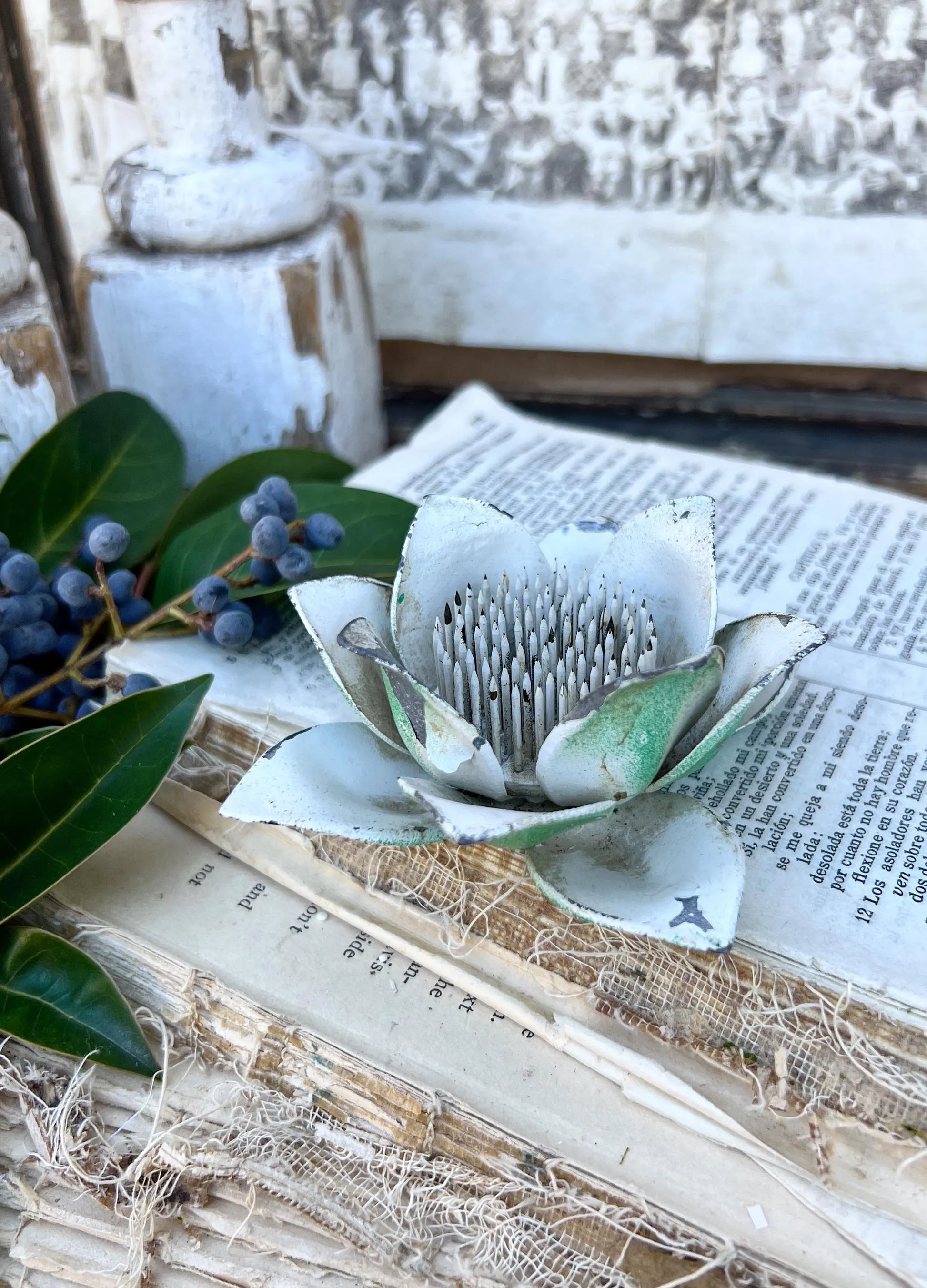Antique WHITE LOTUS Petal Metal Floral Frog