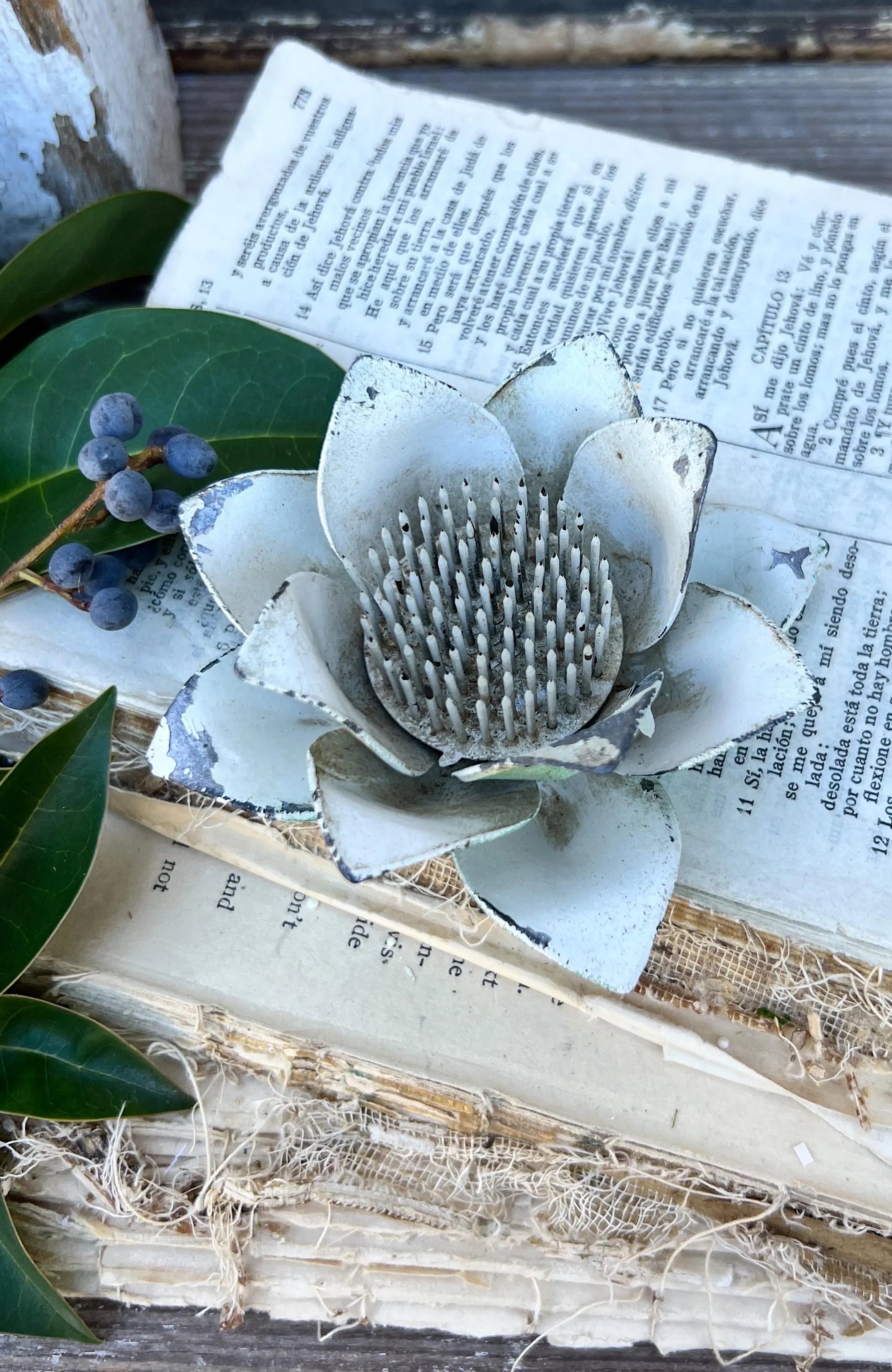 Antique WHITE LOTUS Petal Metal Floral Frog