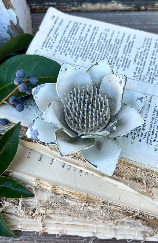 Antique WHITE LOTUS Petal Metal Floral Frog
