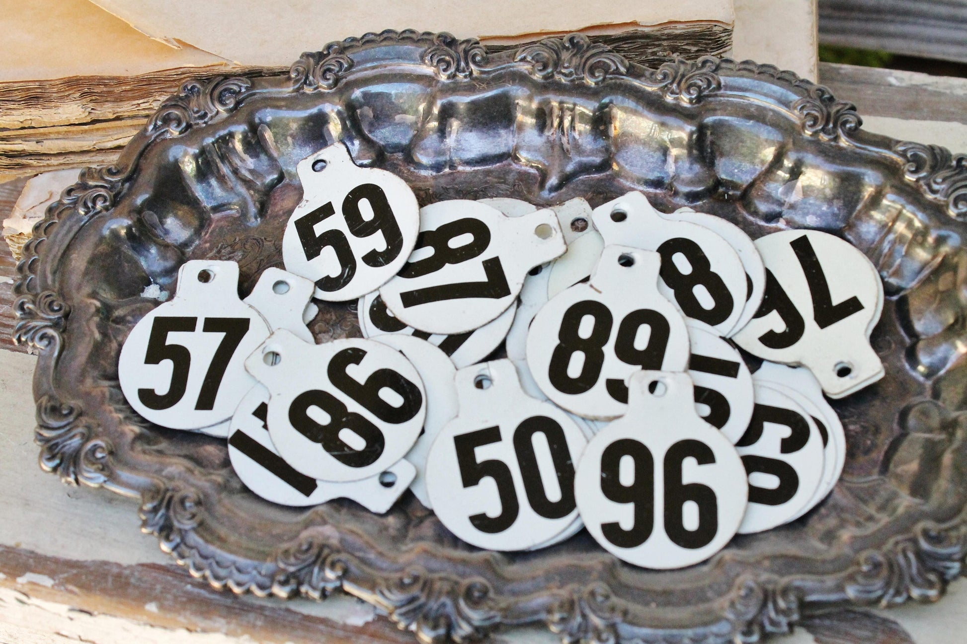 Vintage Metal Cow Tag Number WHITE Black Industrial Ranch Farm Livestock Animal Farmhouse Decor Fixer Upper Decor 151-200