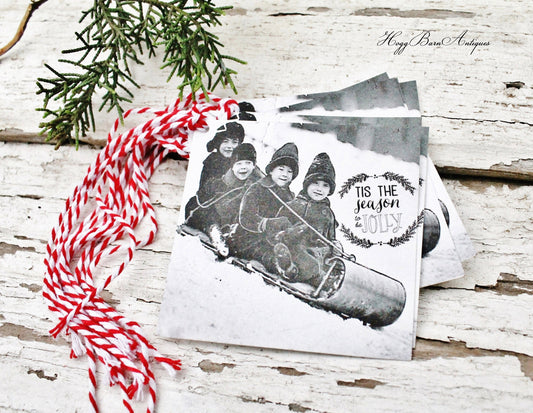 Christmas Gift Tags Vintage Tis The Season To Be Jolly Card Retro Kids Sledding Sled Snow Farmhouse Decor Gift Wrap Fixer Upper Style