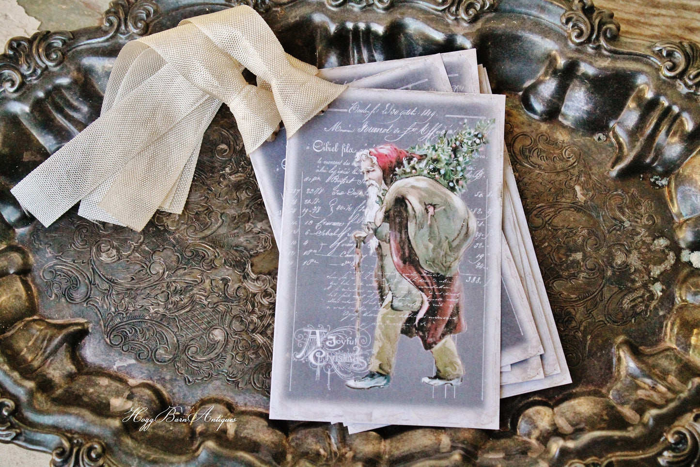 Christmas Gift Tags Vintage SANTA with Sack Tree Farmhouse Decor Chalkboard Card French Shabby Gift Wrap Primitive Christmas