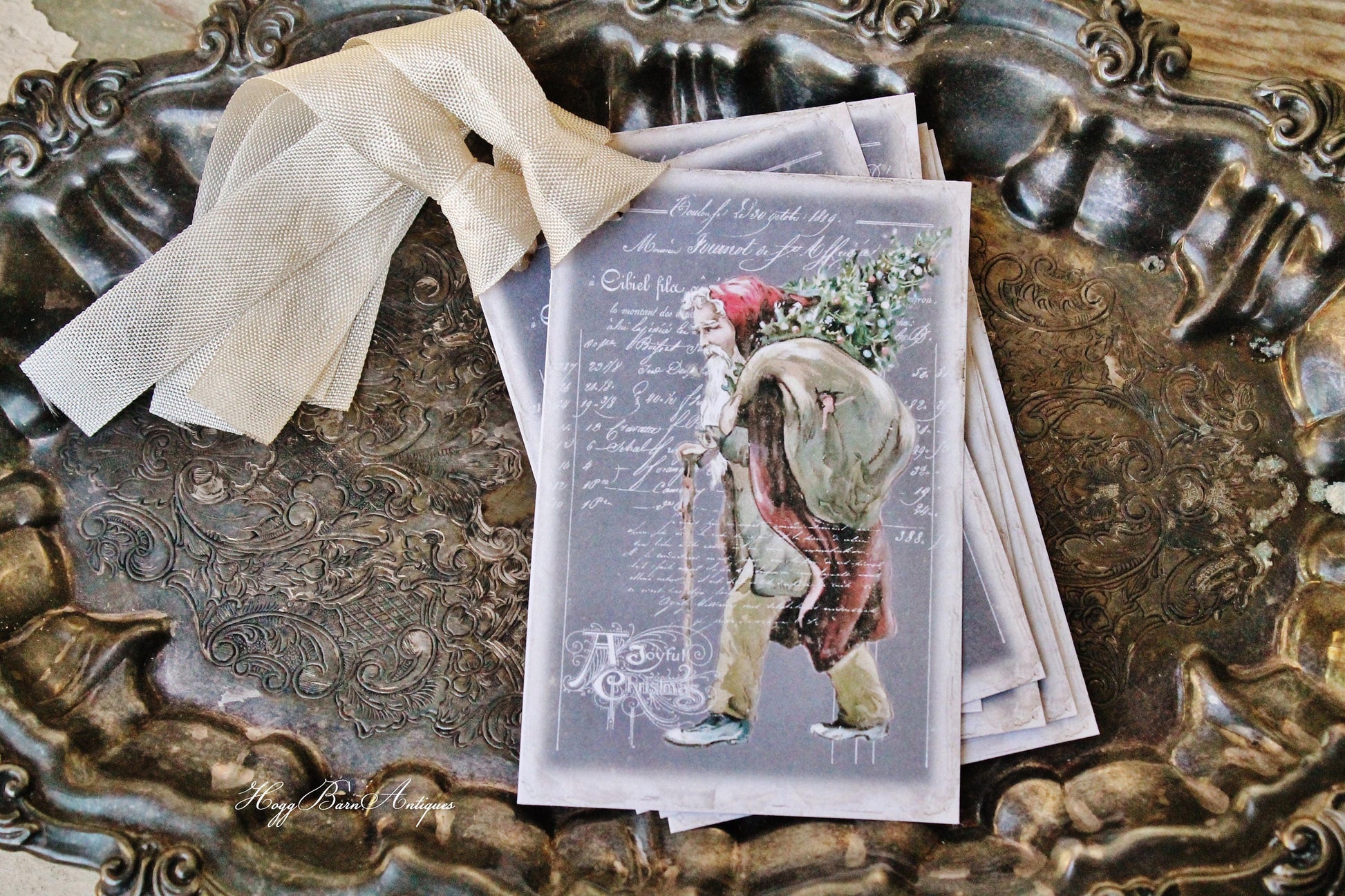 Christmas Gift Tags Vintage SANTA with Sack Tree Farmhouse Decor Chalkboard Card French Shabby Gift Wrap Primitive Christmas