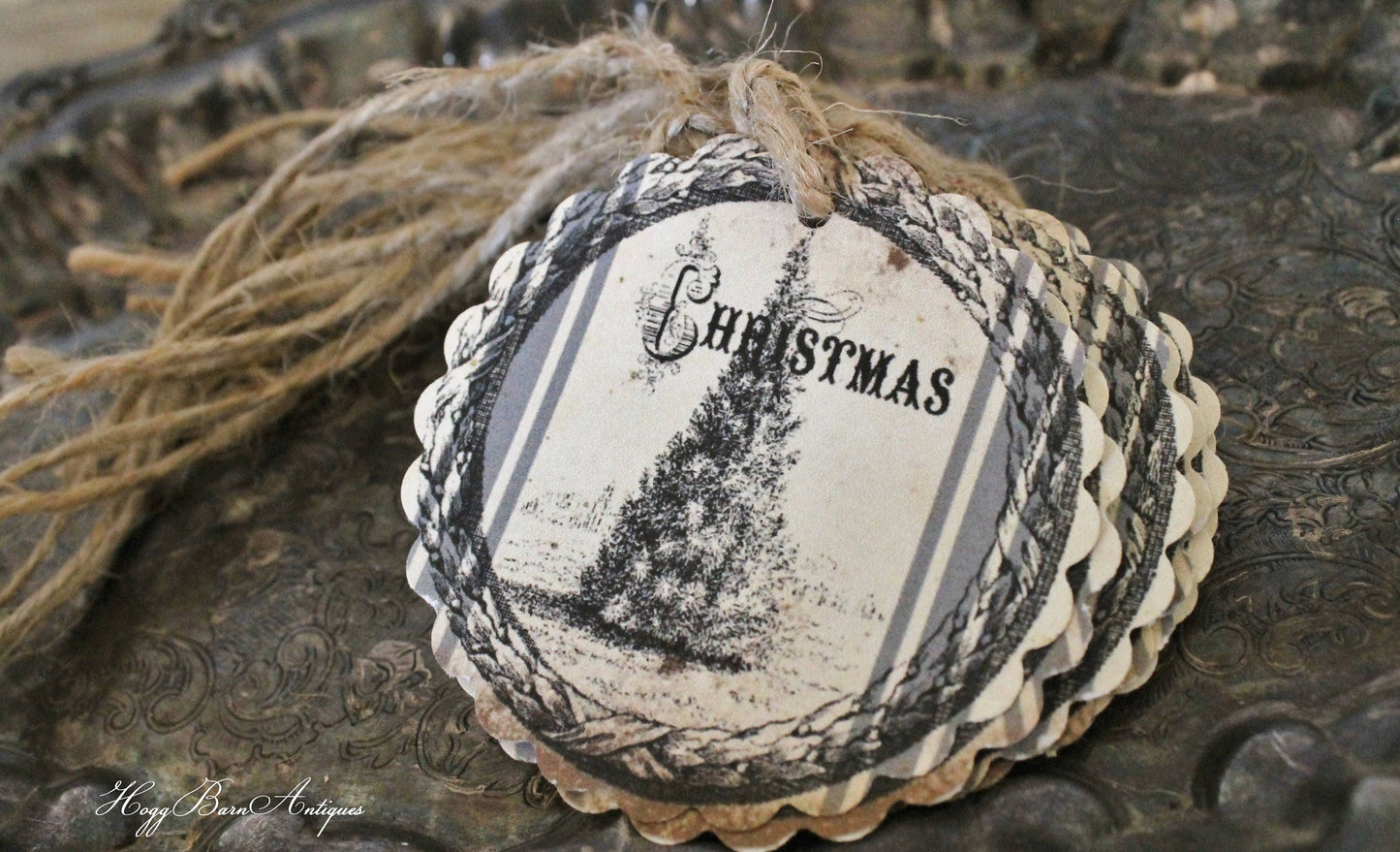 Christmas Gift Tags Vintage Pine TREE Farmhouse Christmas Grain Sack Card French Shabby Gift Wrap Scallop Circle Primitive Rustic Grungy