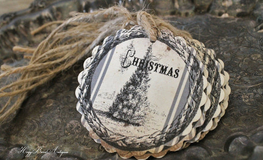 Christmas Gift Tags Vintage Pine TREE Farmhouse Christmas Grain Sack Card French Shabby Gift Wrap Scallop Circle Primitive Rustic Grungy