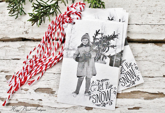 Christmas Gift Tags Vintage Let It Snow Girl Christmas Tree Retro Farmhouse Decor Gift Wrap Fixer Upper Style